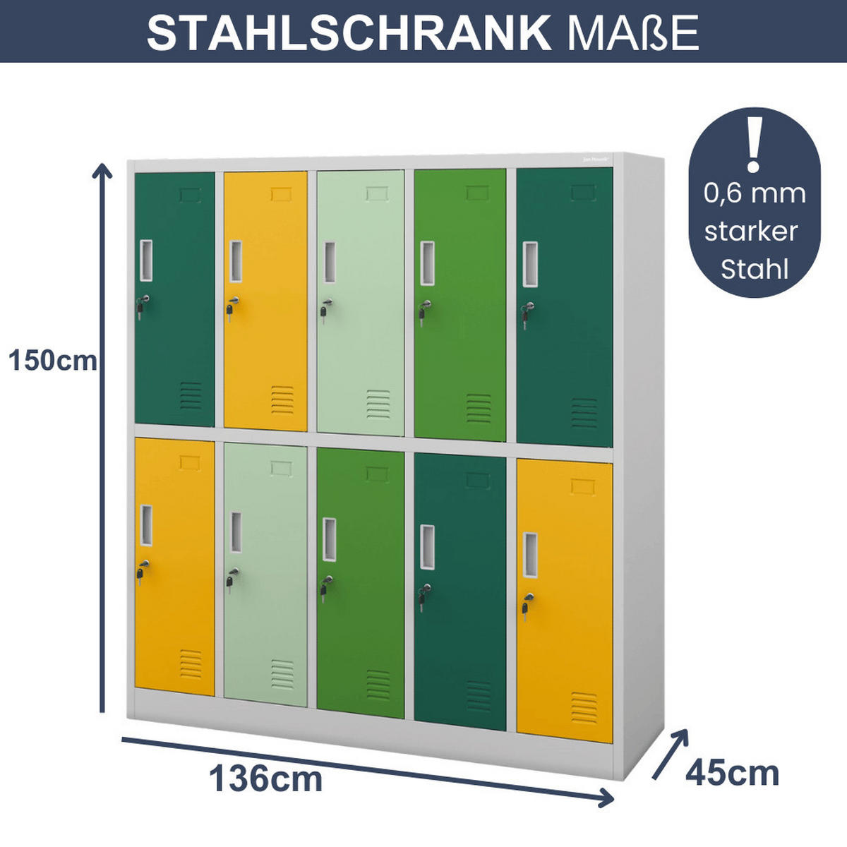 UMKLEIDESCHRANK Spind TOKIO 10 Abteile 150x136x45cm Grün-Gelb - Grün, Metall (136/150/45cm) - DELUKE