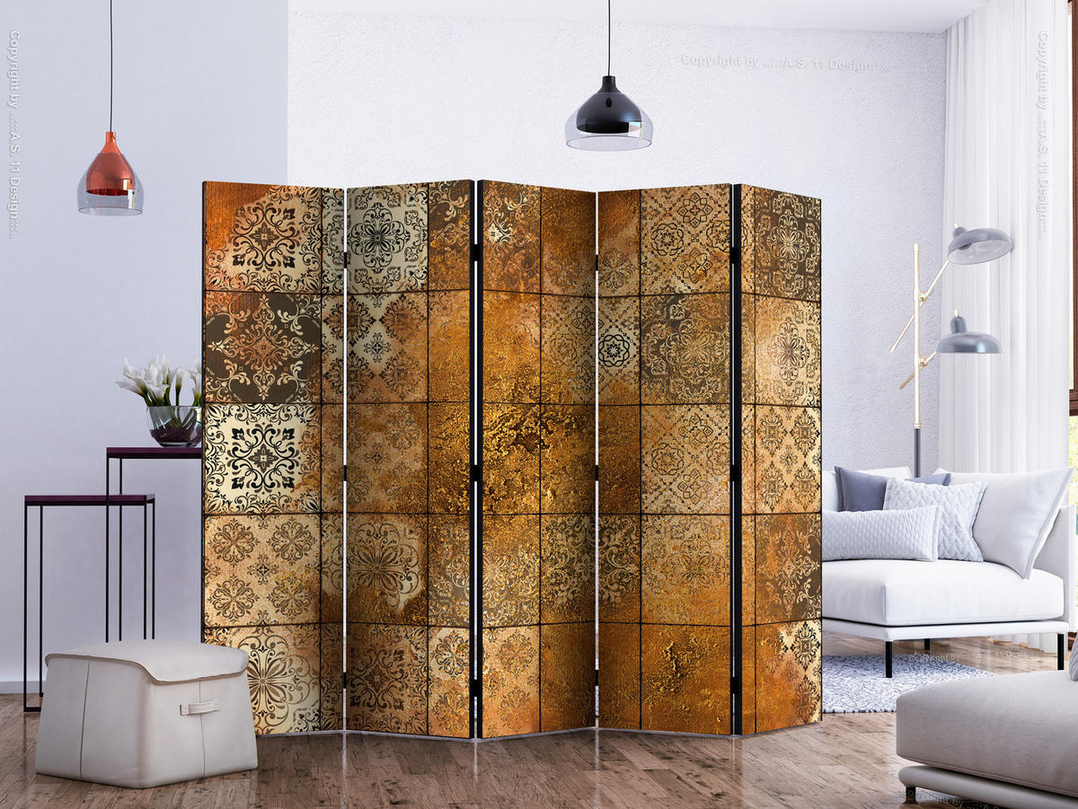 PARAVENT Akustik 5-tlg 225x172 cm Vintage Mosaikfliesen - Orange, Holz/Textil (225/172/3cm) - Muralo