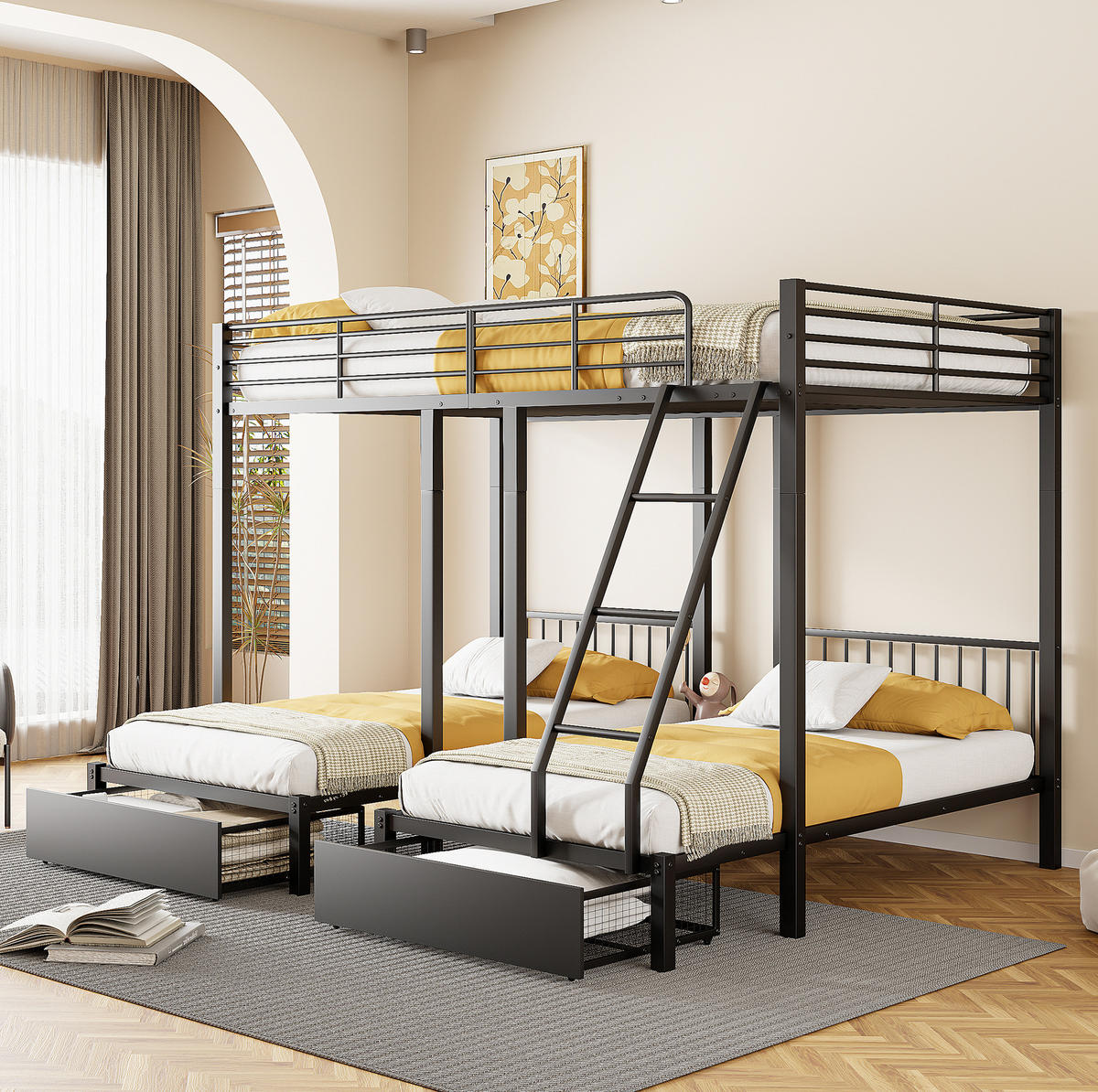 ETAGENBETT 140/200 und 90/200 cm aus Metall mit Schubladen, Schwarz - Schwarz, Metall (140/200cm) - Flora Grace