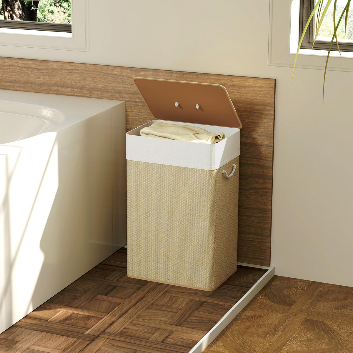 BAMBUS Wäschekorb mit Deckel 72 L Wäschesammler mit Seilgriffen Naturholz - Creme/Naturfarben, Naturmaterialien/Textil (30/60/40cm) - HOMCOM