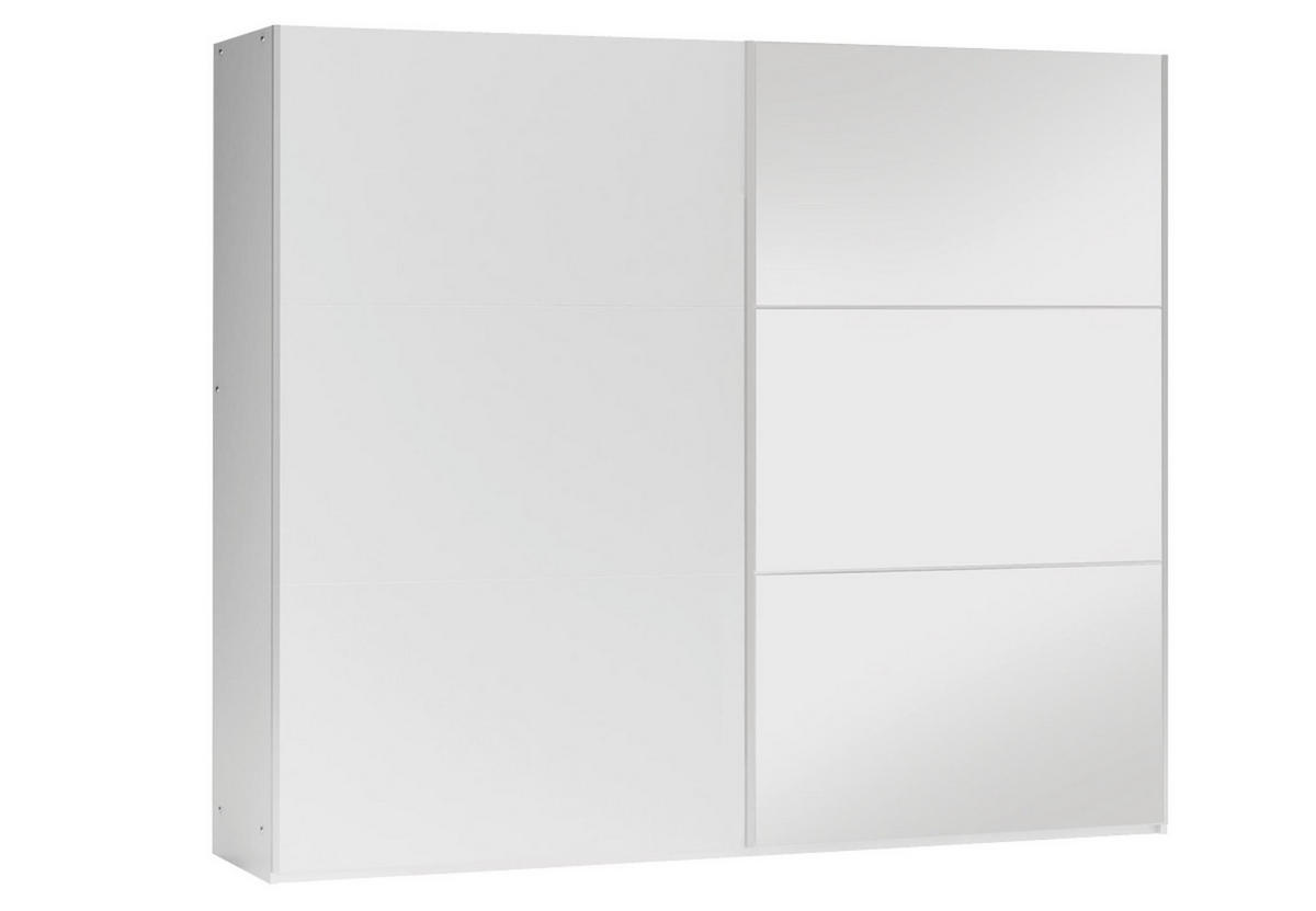 KLEIDERSCHRANK Govi 250 Weiß, zweitüriger Schiebeschrank mit Spiegel und Schubladen - Weiß, Holzwerkstoff (250/215/65cm) - Bettso