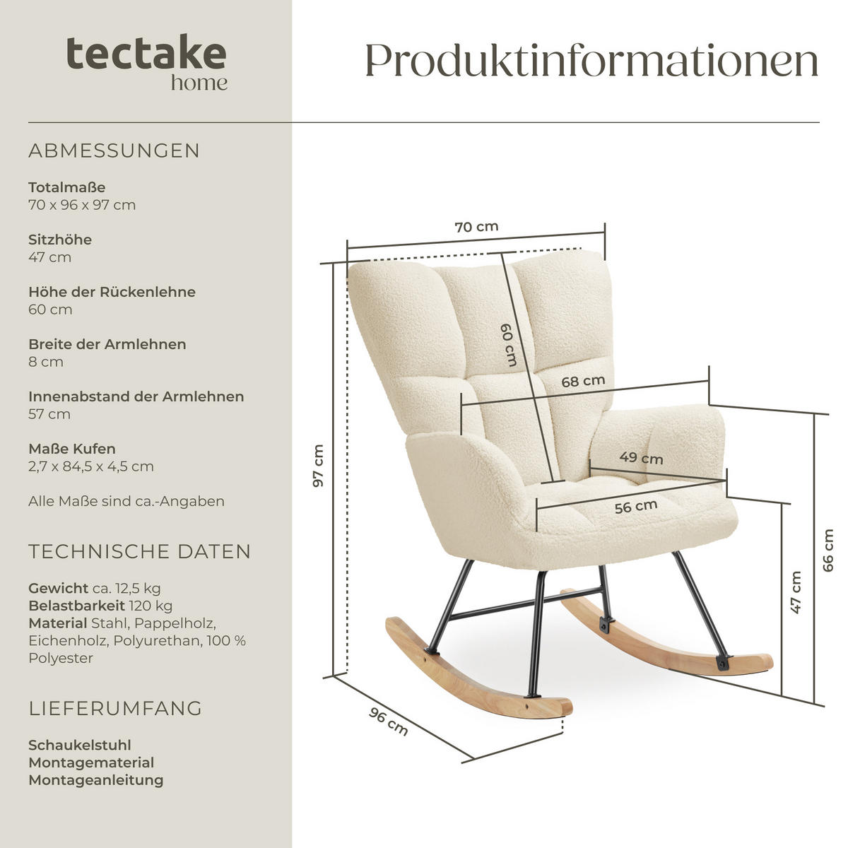 SCHAUKELSTUHL Torve,68 x 96 x 97 cm, Belastbarkeit 120 kg,Bouclé beige - Beige, Kunststoff (70/97/96cm) - tectake