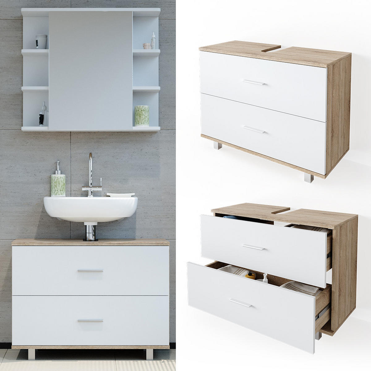 WASCHBECKENUNTERSCHRANK Ilias Weiß/Sonoma 80 x 60.8 cm - Weiß/Sonoma Eiche, Holzwerkstoff (80/60.8/33cm) - Vicco