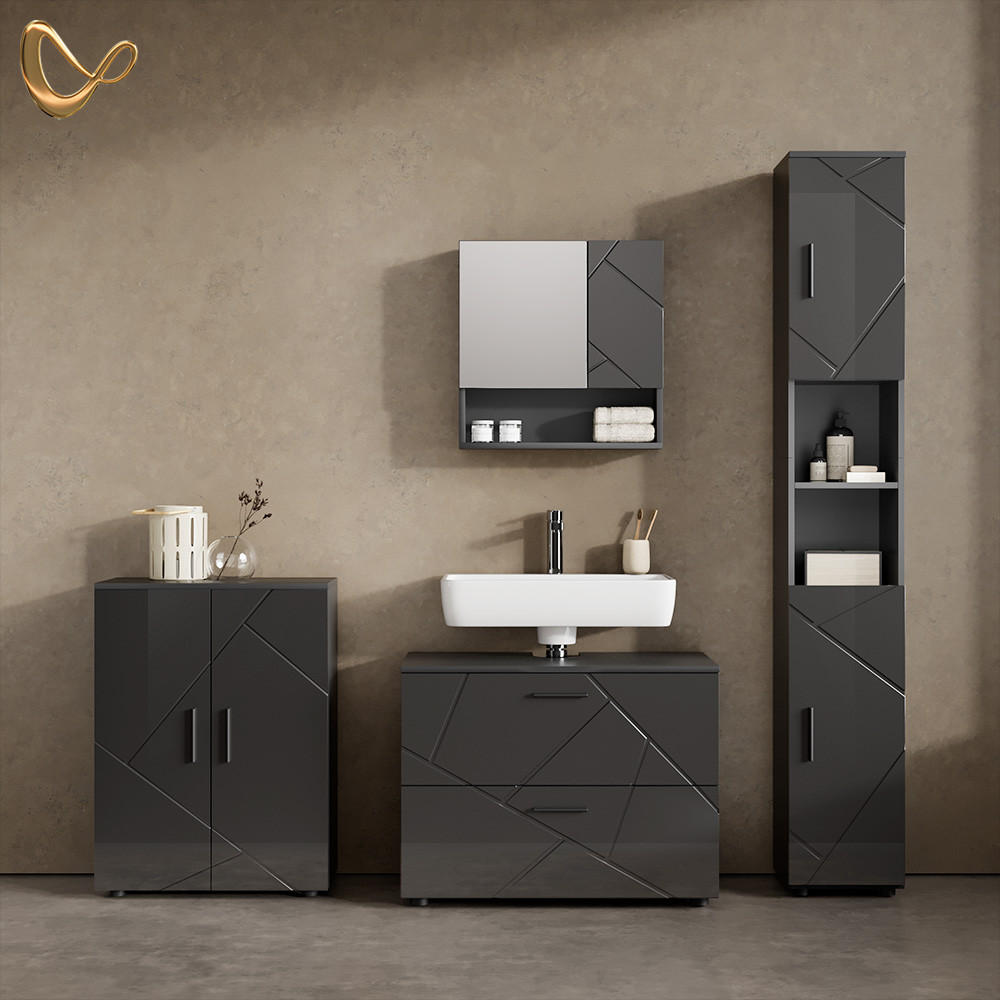 BADMÖBEL-SET Ronco Anthrazit Hochglanz 4 Teile, mit Schubladenschrank und Midischrank - Schwarz Hochglanz/Anthrazit, Holzwerkstoff (80/58/41cm) - Livinity®