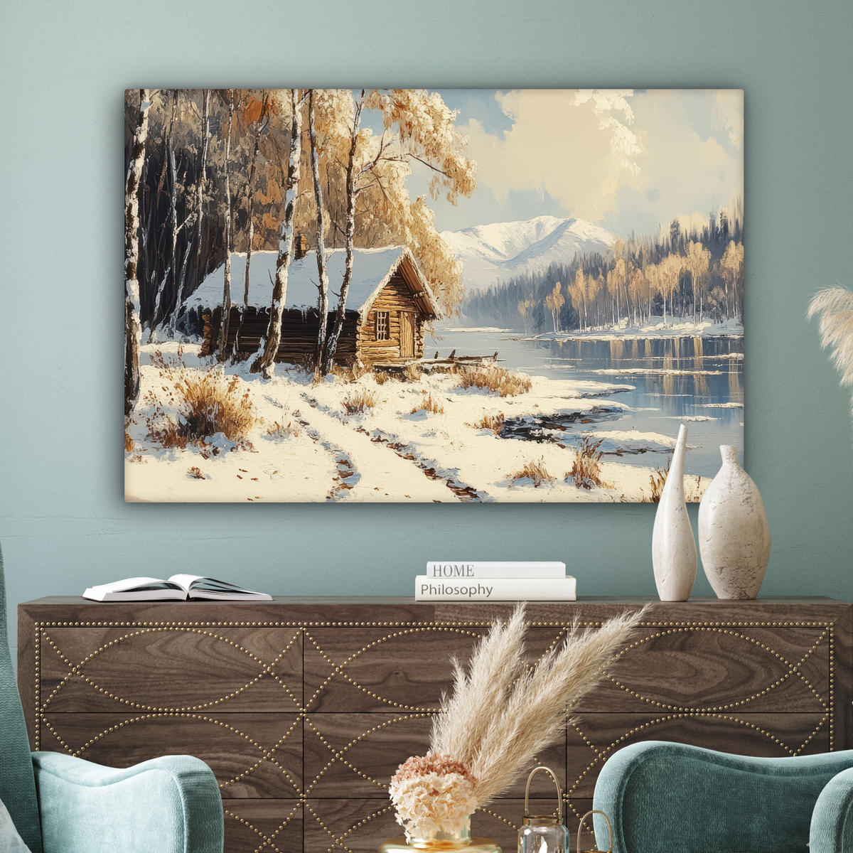 LEINWANDBILD Winter - Schnee - Zuhause - Natur Wohnzimmer Groß 120x80 cm - Hellbraun, Textil (120/80cm) - MuchoWow