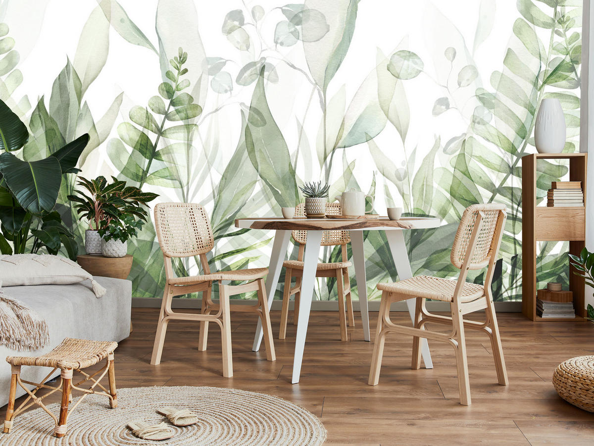 FOTOTAPETE für Schlafzimmer Aquarell Tropische Grüne Blätter Exotisch Blätter 250x175 - Weiß/Grün, Papier (250/175cm) - Muralo