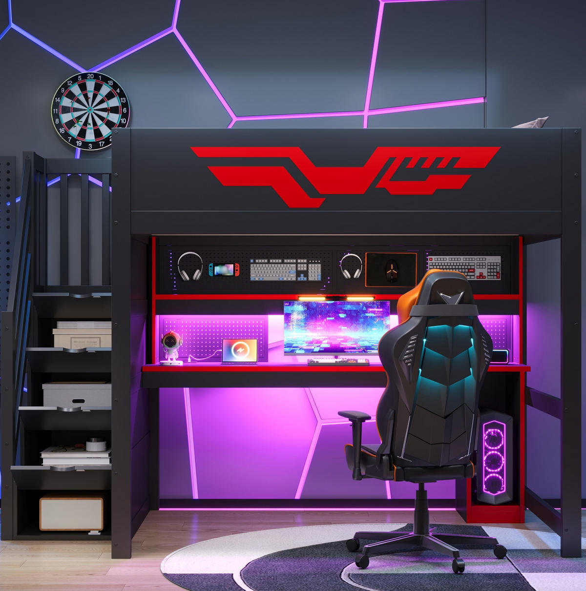 GAMING-HOCHBETT MDF & Sperrholz 140x200 cm Schwarz/Rot mit Schreibtisch, Stauraumtreppe, LED und USB - Schwarz, Holzwerkstoff (140/200cm) - Modfu