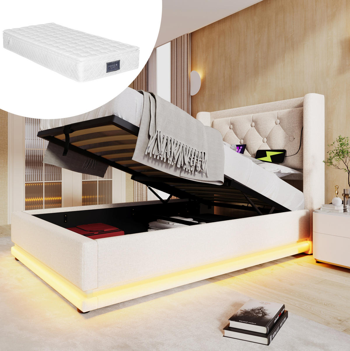 ČALÚNENÁ posteľ z bavlny 90x200 cm béžová s hydraulickým úložným priestorom, USB-C a LED osvetlením - béžová, textil (90/200cm) - Modfu