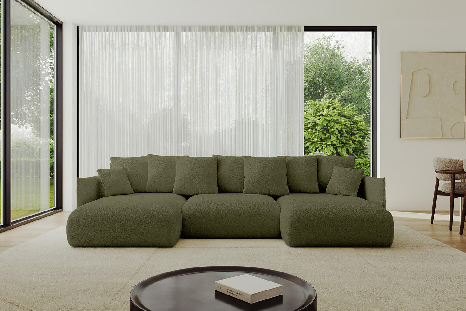 WOHNLANDSCHAFT mit Schlaffunktion und Bettkasten ONESK-U 317x177x72 Grün Bouclé - Olivgrün, Holzwerkstoff/Kunststoff (317/72/177cm) - ALTDECOR