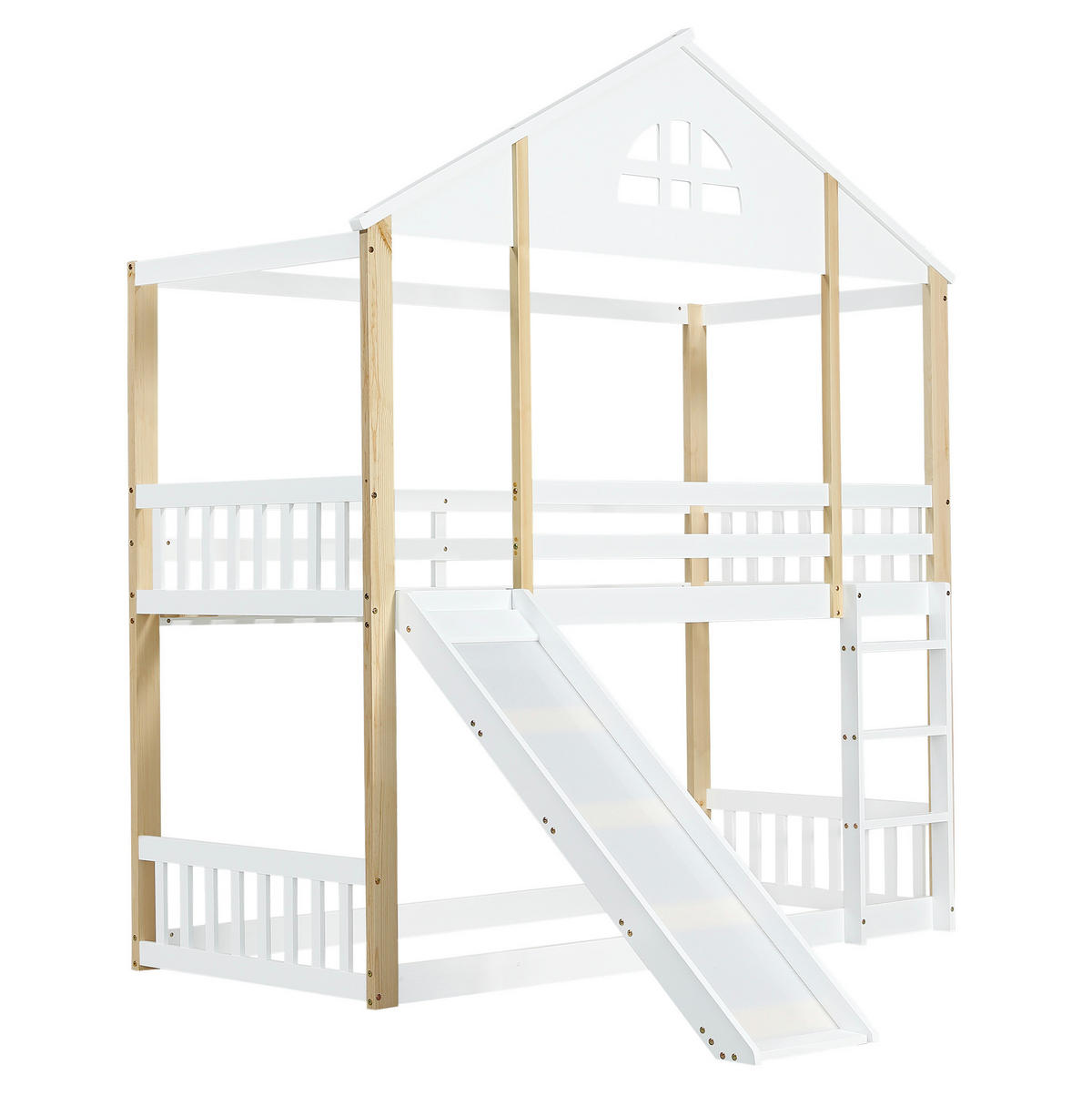 ETAGENBETT aus MDF 90x200 cm Weiß/Natur mit Rutsche, Winkeltreppe und Haus-Design - Weiß, Holzwerkstoff (90/200cm) - Modfu