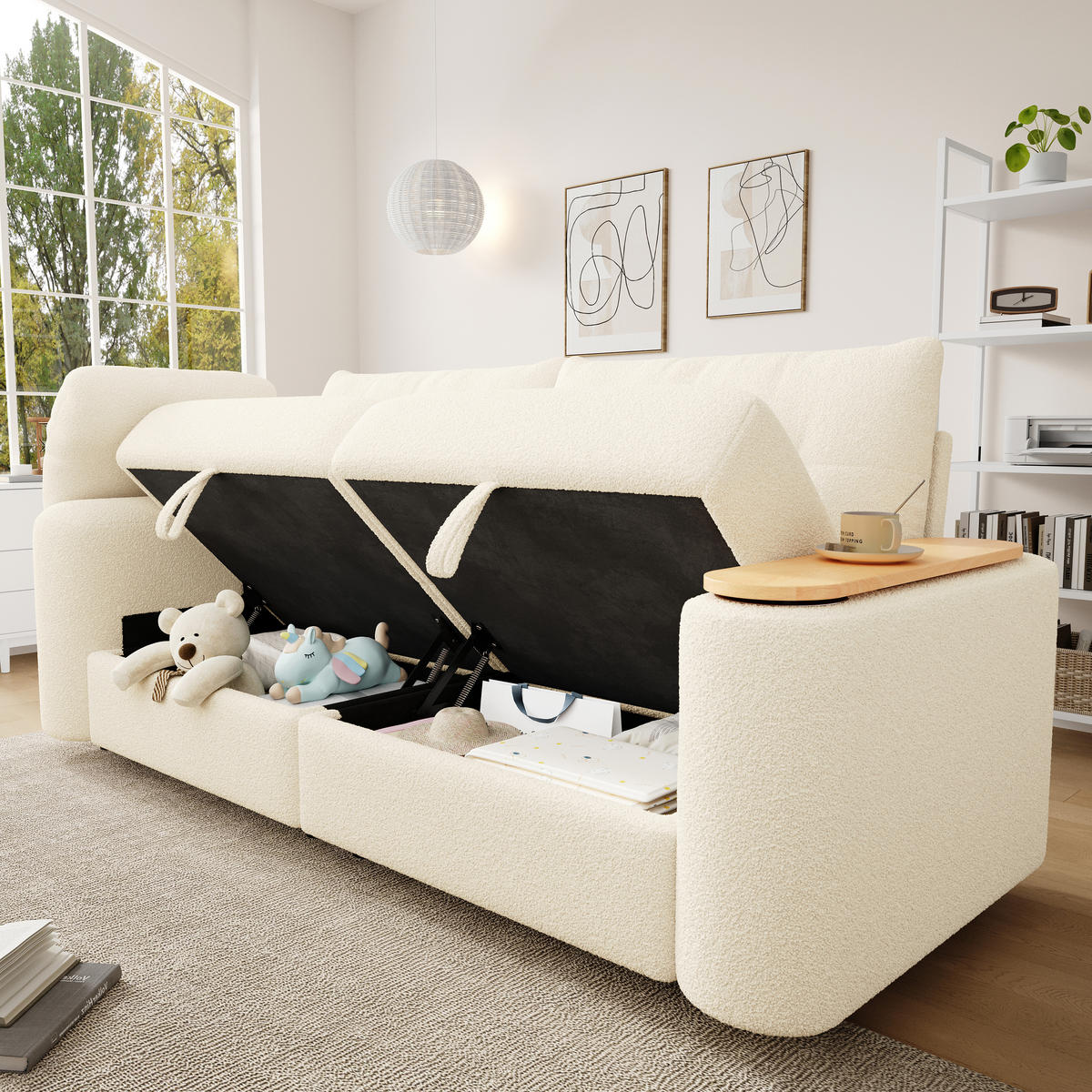SCHLAFSOFA 3-Sitzer mit Teddyplüsch und Stauraum, Beige - Beige, Textil (207.5/87/80cm)