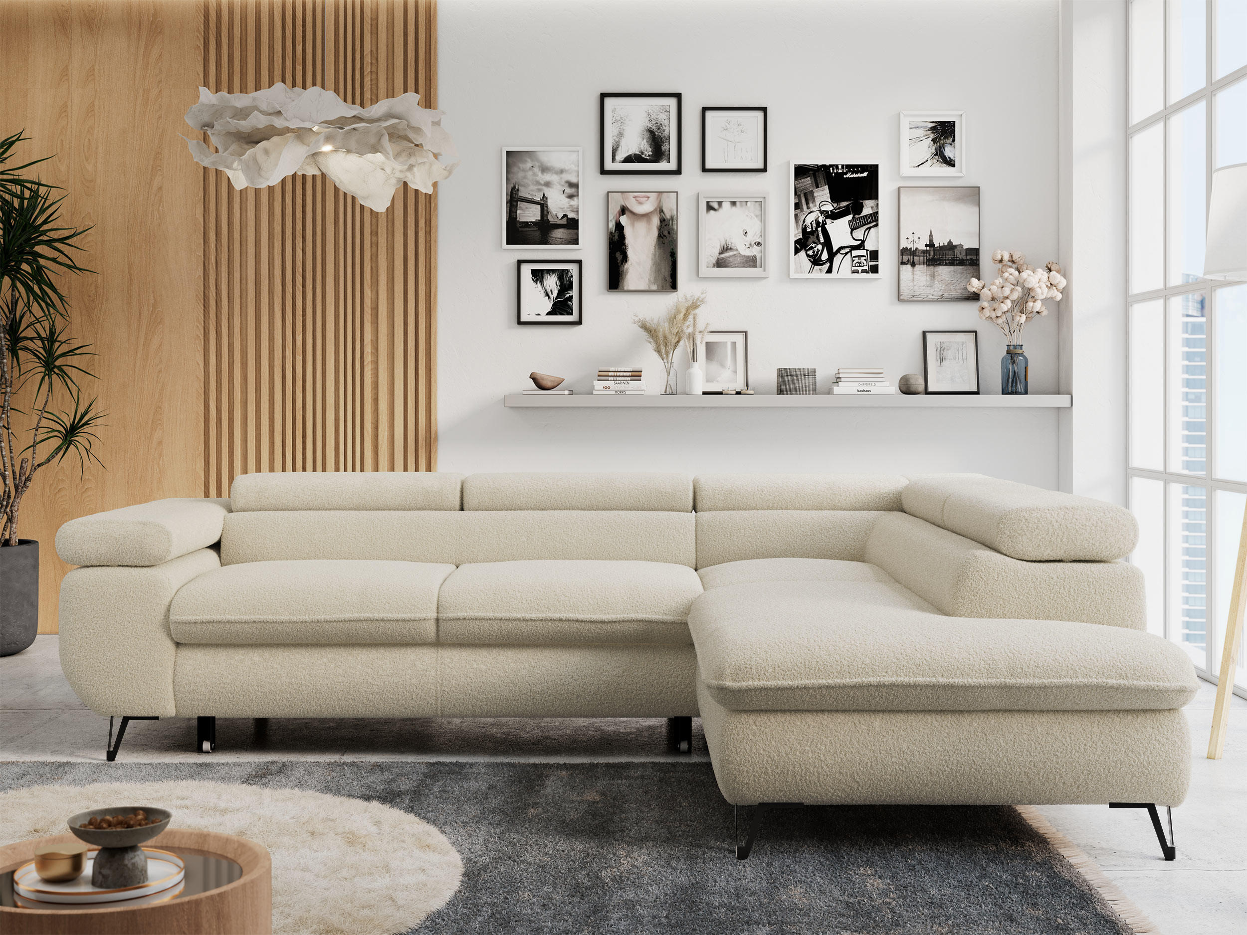 ECKSOFA PETER L Beige Boucle - Rechts Seite - Beige/Schwarz, Textil/Metall (273/208cm) - MKS
