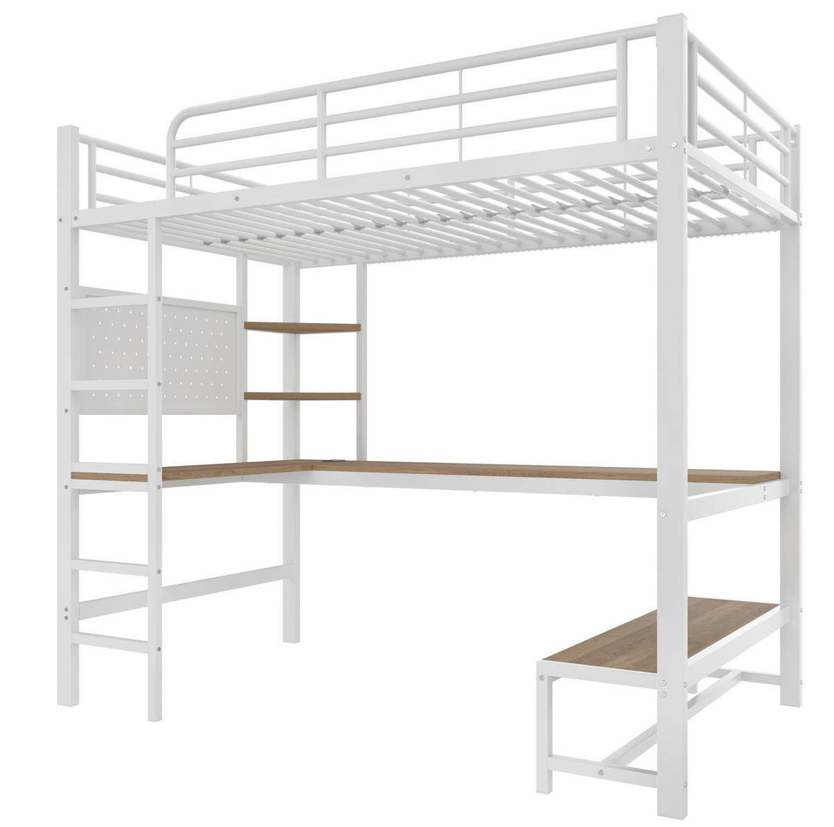 HOCHBETT 90/200 cm, Weiß mit Schreibtisch, LED und USB-C - Weiß, Metall (90/200cm) - MIVRAY