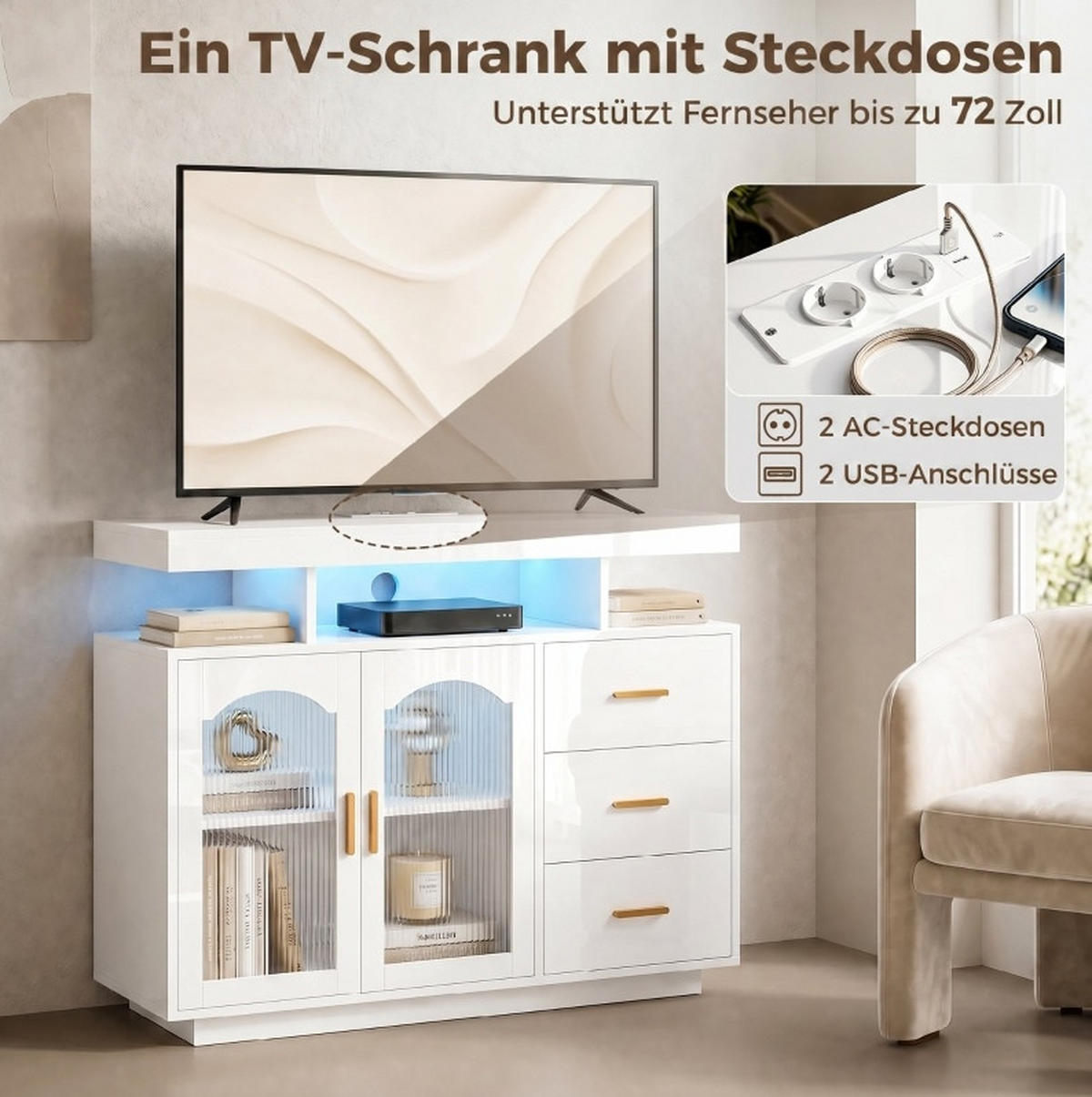 SIDEBOARD aus Holz 100x35x80 cm Weiß mit RGB-LED, 3 Schubladen, Steckdosen und USB-Anschlüssen - Weiß, Holz (100/80/35cm) - IVMEU
