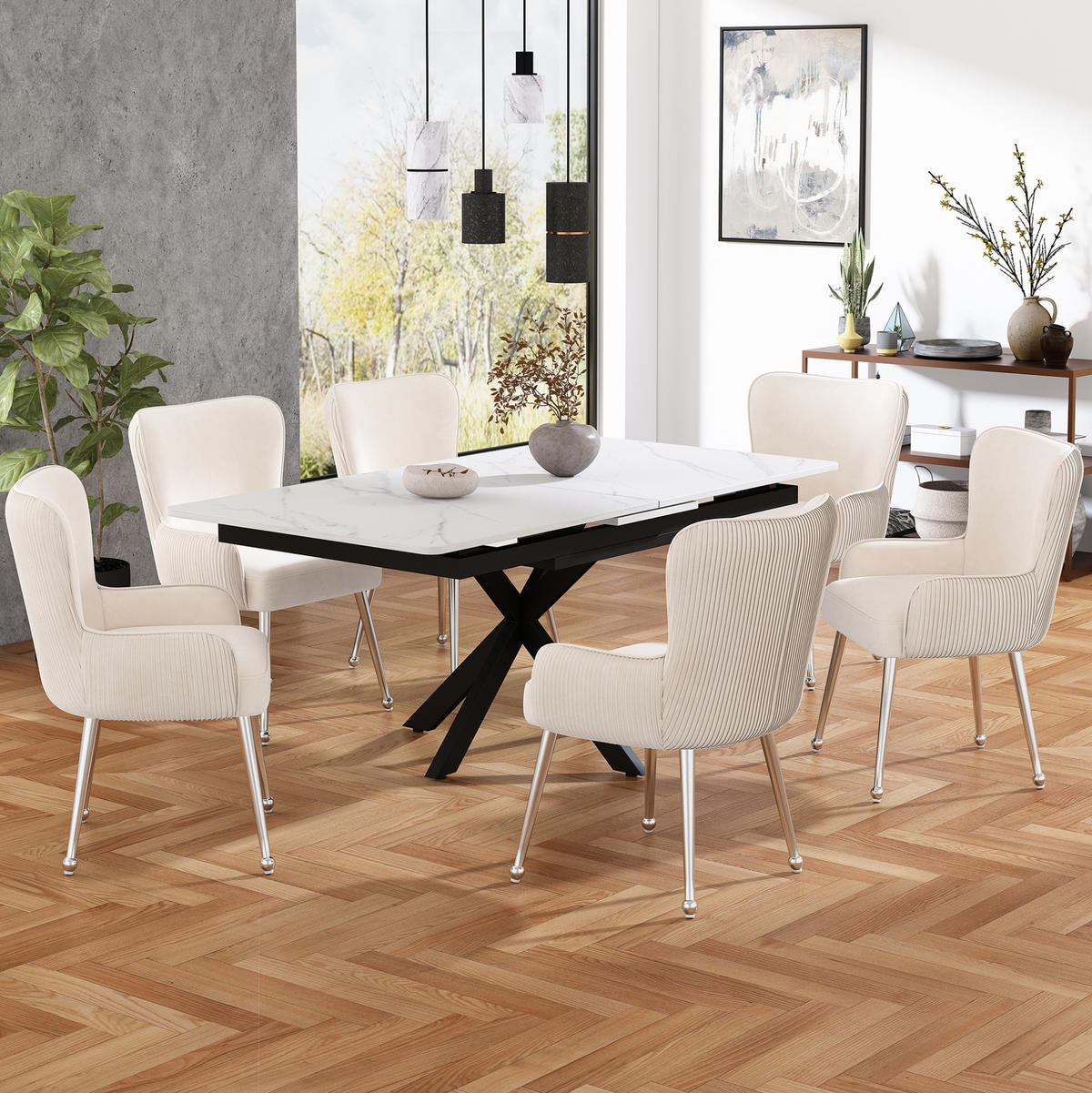 STUHL 6er-Set mit Armlehnen Samt Beige Metallbeine - Beige, Metall (53/83/57.2cm) - Meubliv