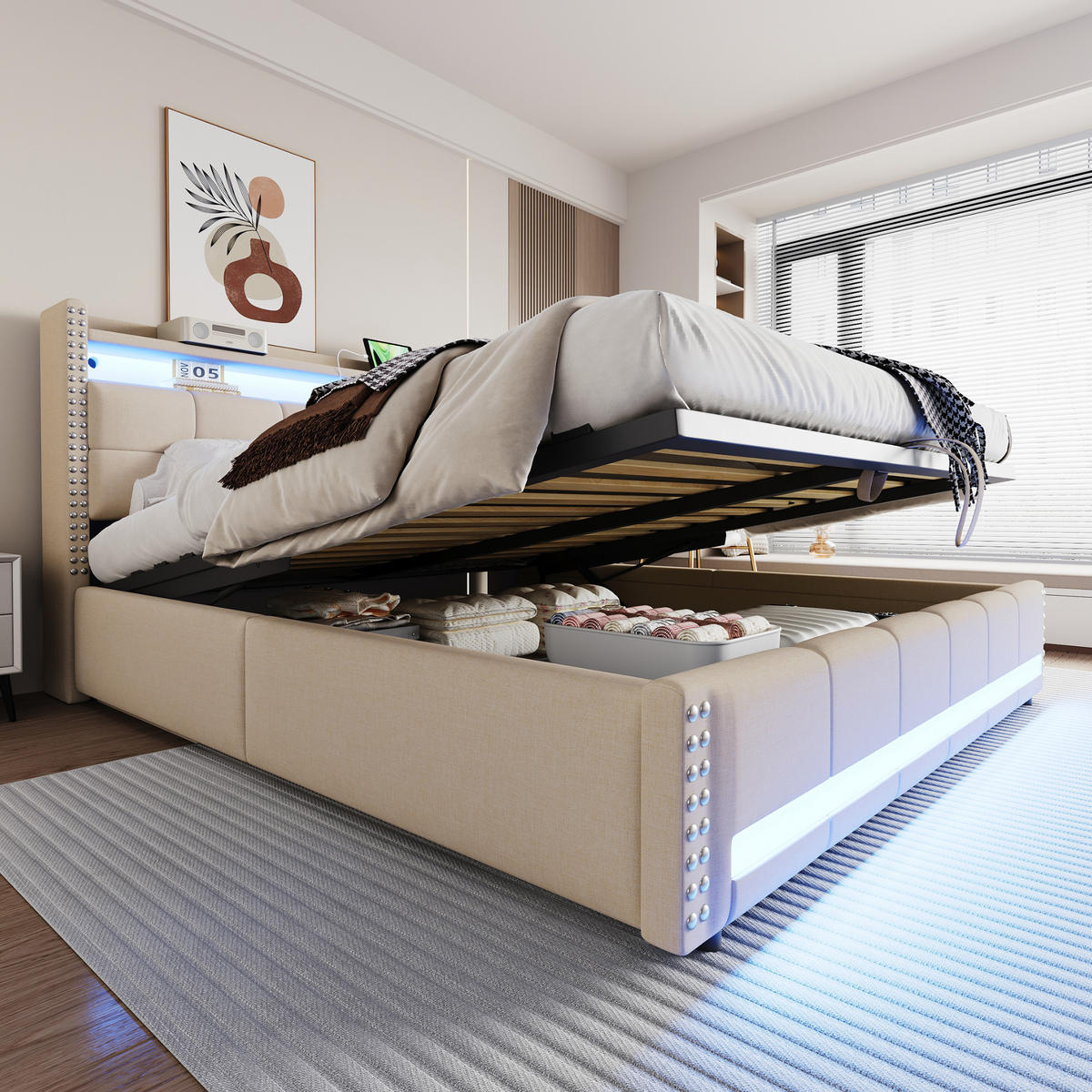 POLSTERBETT 180/200 cm Beige mit LED-Beleuchtung und USB- und Type-C-Anschlüssen - Beige, Textil (180/200cm) - OKWISH