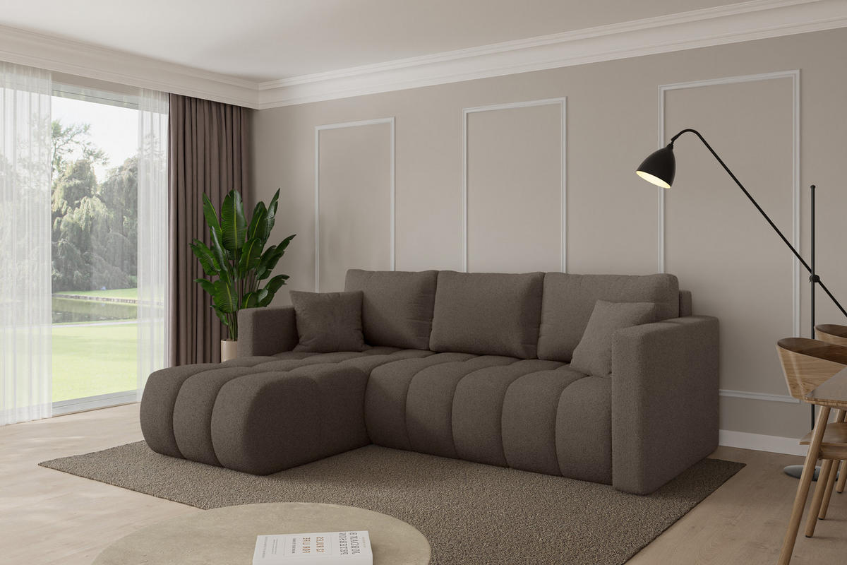 ROHOVÁ SEDAČKA s funkcí spaní, otoman vlevo GARD-L 226x146x85 hnědá bouclé - černá/hnědá, kompozitní dřevo/textil (226/146cm) - ALTDECOR