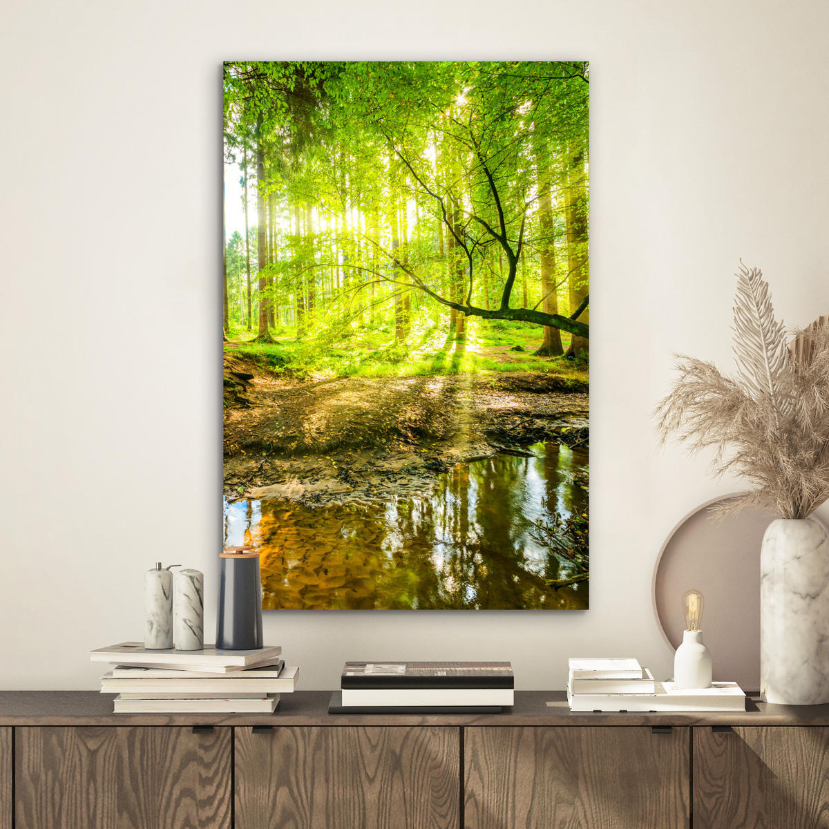 METALLBILD Wald - Landschaft - Wasser - Bäume - Sonne - Grün - Natur 40x60 cm - Grün, Metall (40/60cm) - MuchoWow