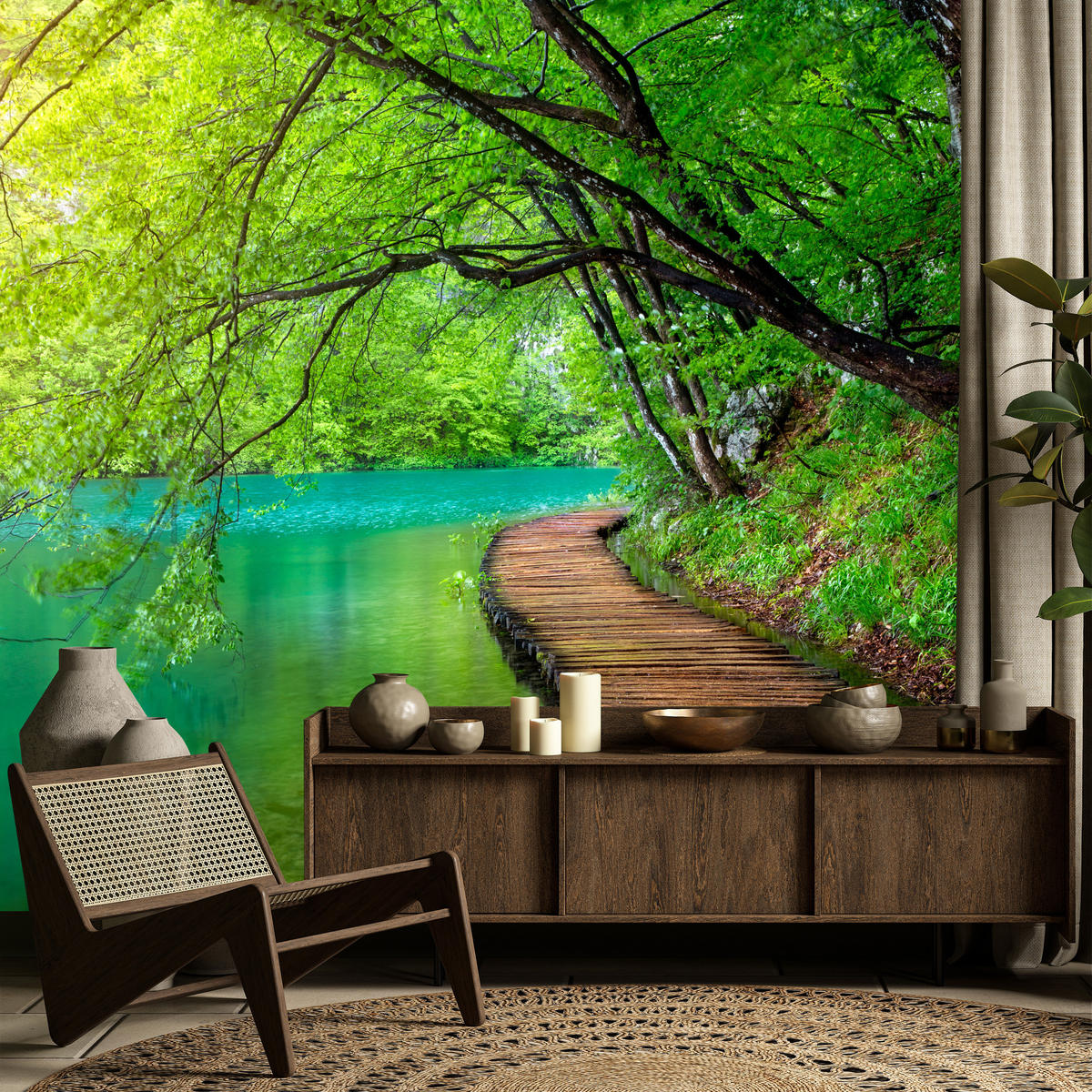 FOTOTAPETE für Wohnzimmer Holzsteg See Bäume Pflanzen Natur 350x256 - Türkis/Braun, Papier (350/256cm) - Muralo