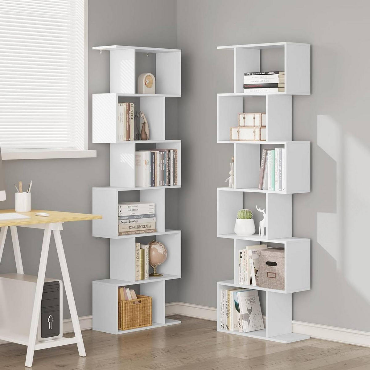 BÜCHERREGAL mit 6 Ebenen, S-förmig, Weiß - Weiß, Holzwerkstoff (60/189.5/24cm) - Woltu