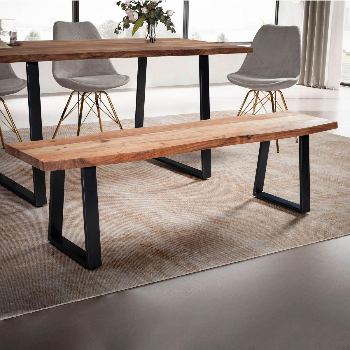 ESSZIMMERBANK Massivholz Metall Baumkante ohne Lehne, Akazie 120x40x46 cm - Schwarz/Braun, Holz/Metall (120/46/40cm) - KADIMA DESIGN