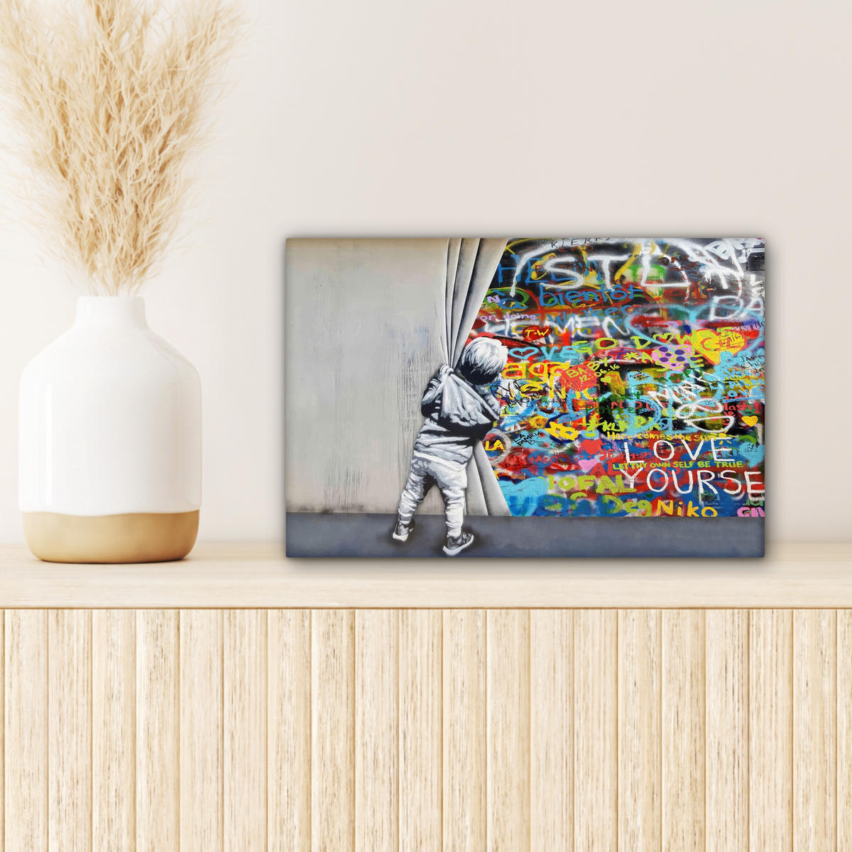 LEINWANDBILD Graffiti - Junge - Ilussie - Straßenkunst Deko Schlafzimmer 30x20 cm - Hellgrau, Textil (30/20cm) - MuchoWow