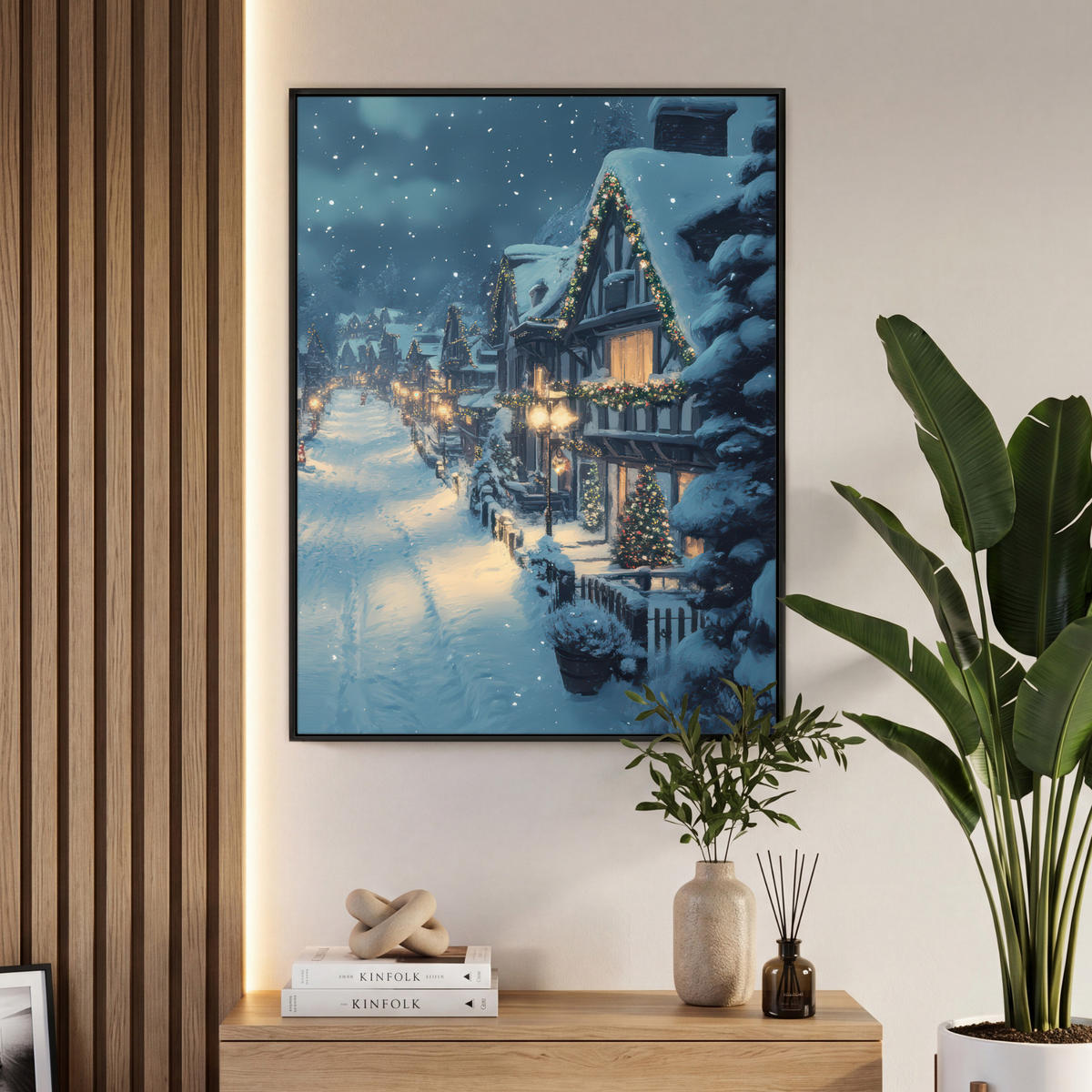 LEINWAND Bilder mit Rahmen - Weihnachtsdorf - Weihnachten - Schnee - Winter - 70x100 - Dunkelblau, Textil (70/100cm) - MuchoWow