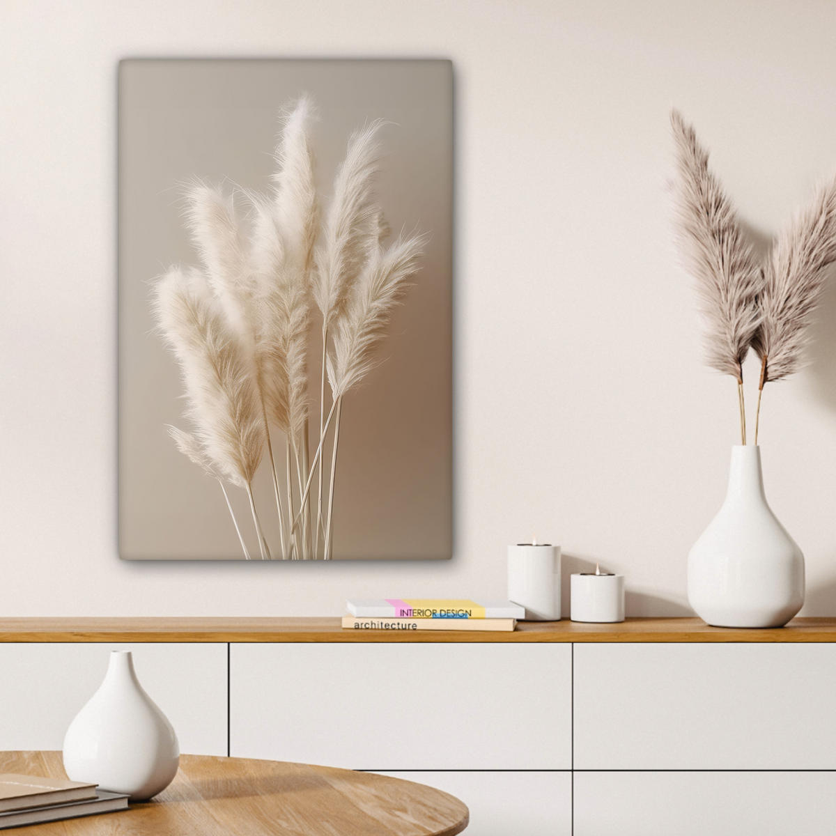 OBRAZ NA PLÁTNĚ Pampová tráva - Plumes - Pastelová - Bílá 40x60 cm - přírodní, textil (40/60cm) - MuchoWow