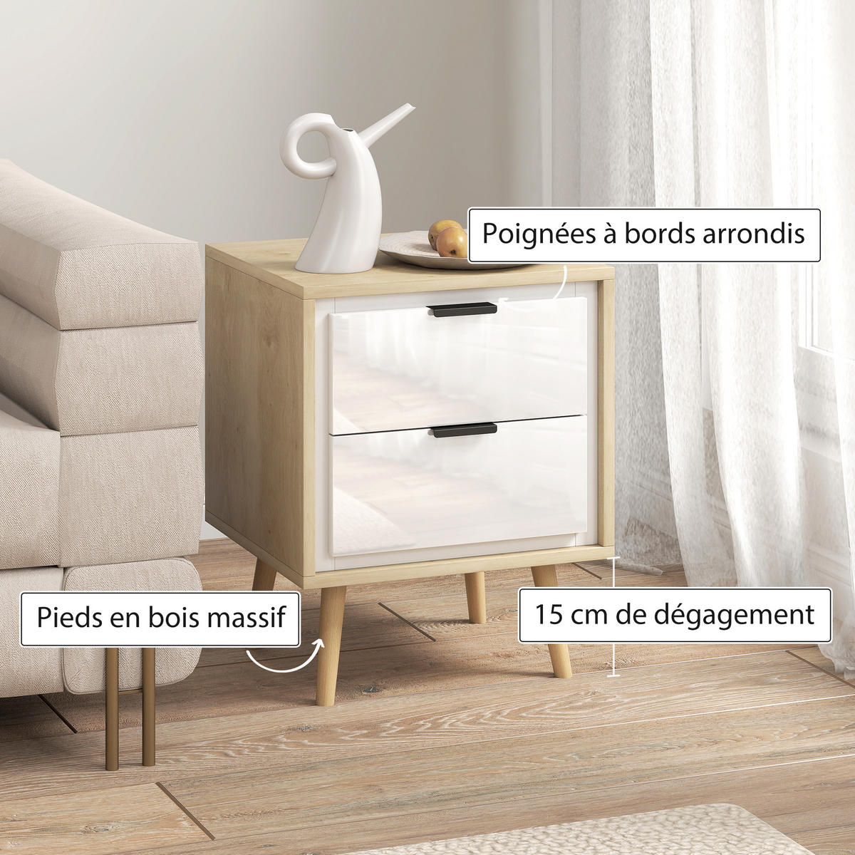 NACHTSCHRANK DE-12907 2 leise Schubladen Weiß - Eichefarben, Holzwerkstoff (35/50/40cm) - ComfortXL
