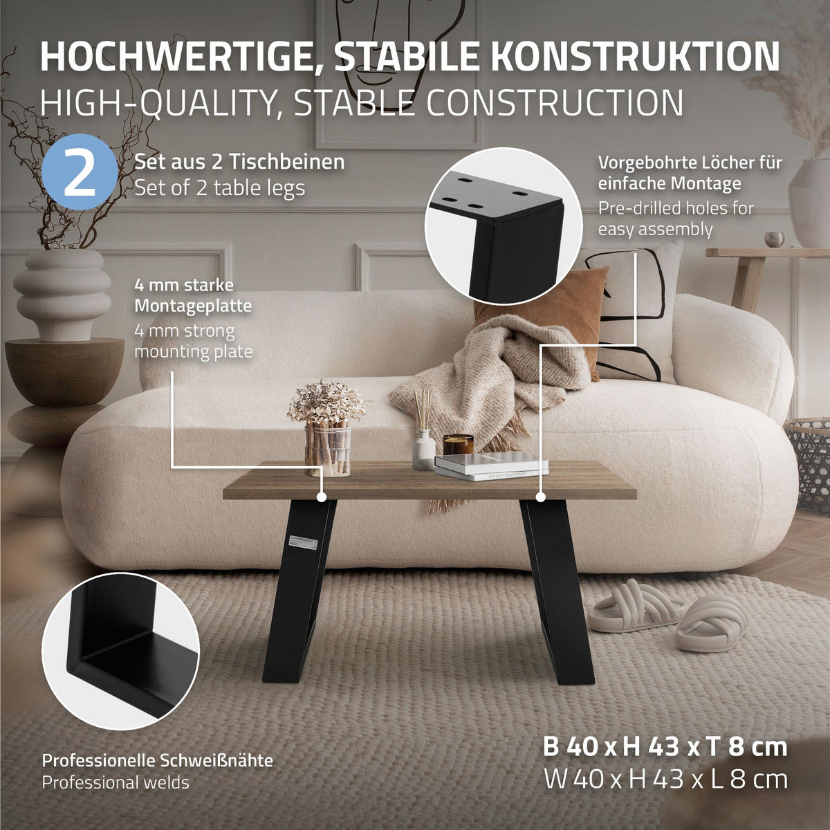 TISCHBEINE 2er Set 80GRAD 40 x 43 cm Schwarz - Dunkelgrau, Metall (40/43/8cm) - ML-DESIGN