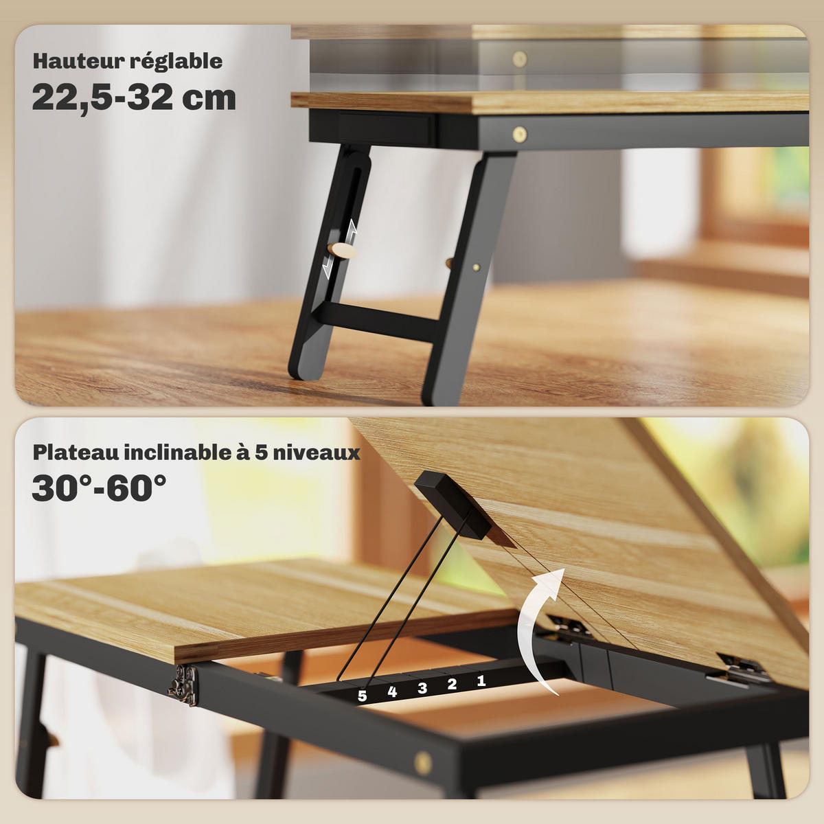LAPTOPTISCH DE-16698 höhenverstellbar & neigbar, mit Schublade Eiche - Eichefarben, Naturmaterialien (83.5/33/34cm) - ComfortXL