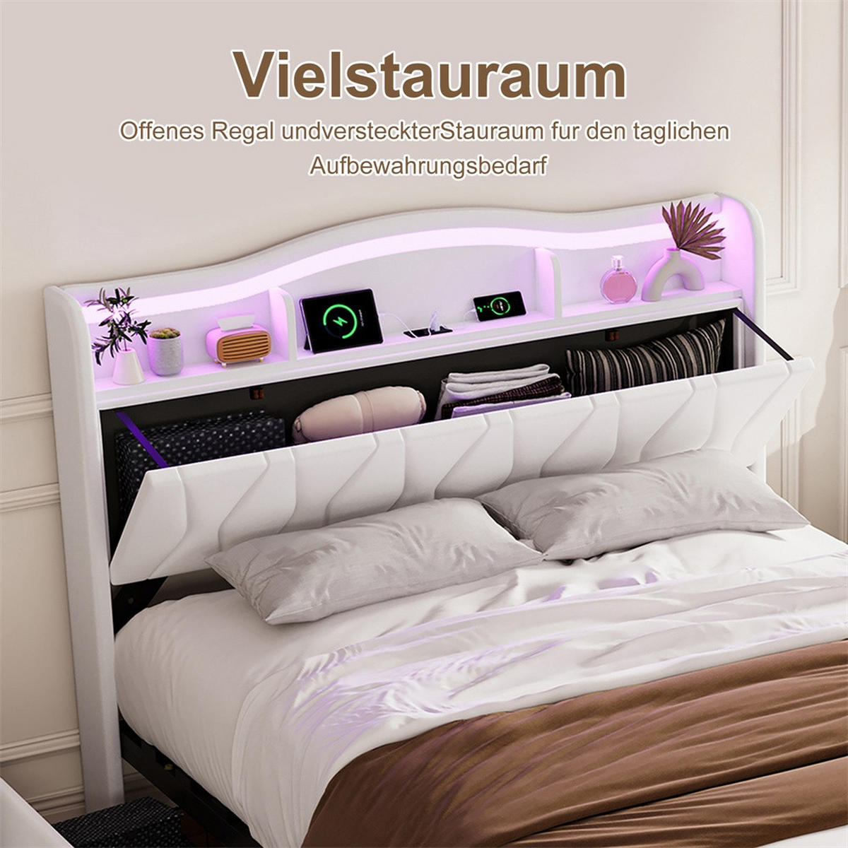 POLSTERBETT 160x200cm - Doppelbett mit 4 Schubladen - RGB-LED-Beleuchtung - Stauraum-Kopfteil - ohne Matratze - Beige - Beige, Textil (160/200cm) - DELFA