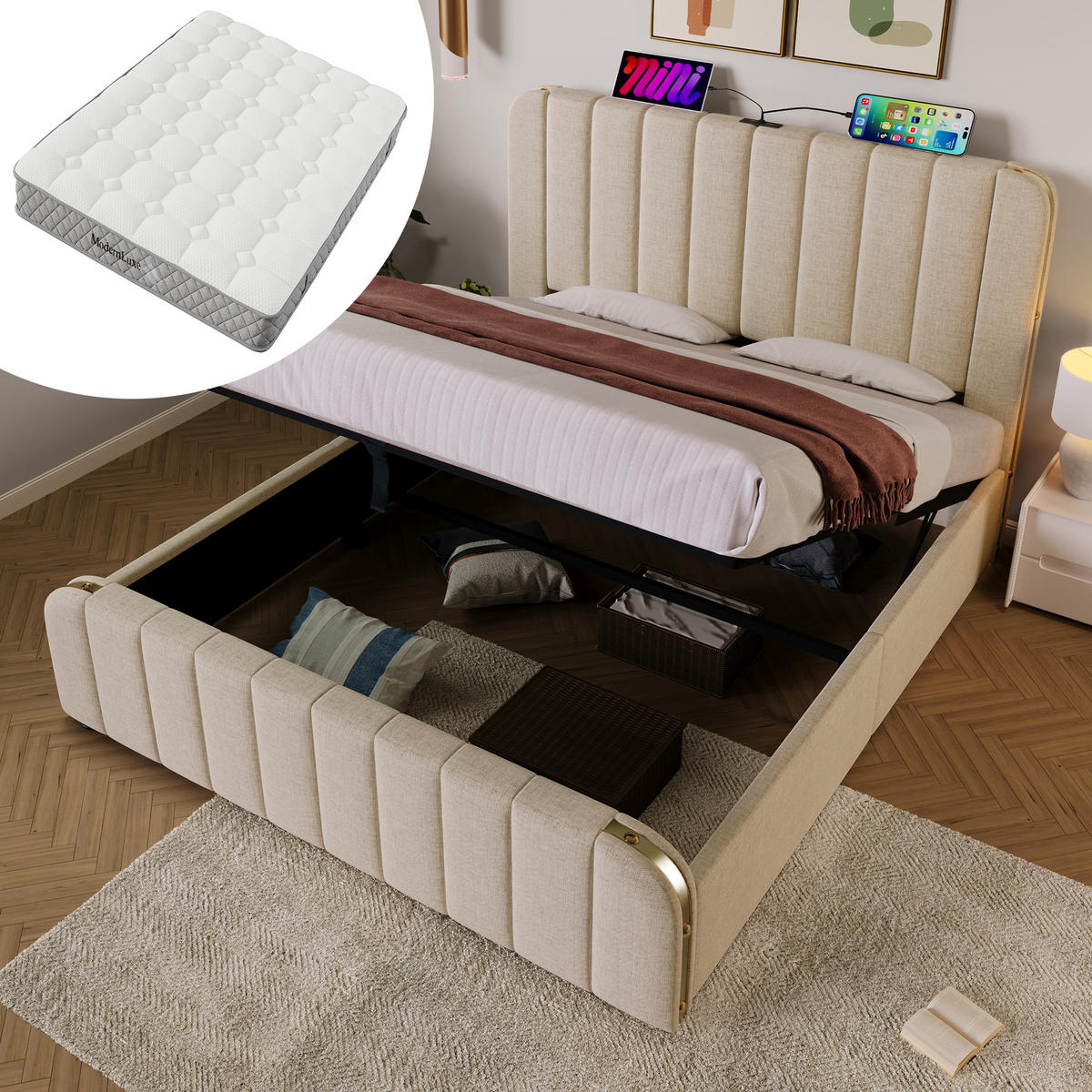 POLSTERBETT 140/200 cm in Beige Leinen mit Stauraum, USB und Type-C - Beige, Holzwerkstoff/Textil (140/200cm) - WISHDOR