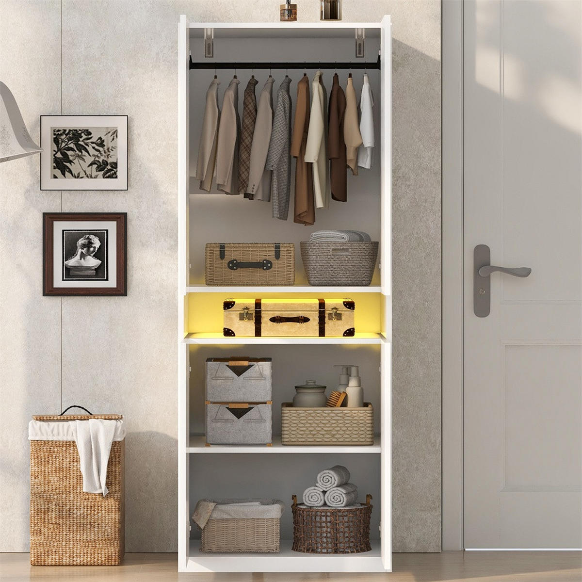 KLEIDERSCHRANK mit LED-Beleuchtung & Kleiderstange - 4 Türen & Offenes Fach - 70 × 55 × 180 cm - Weiß - Weiß, Holzwerkstoff (70/180/55cm) - DELFA