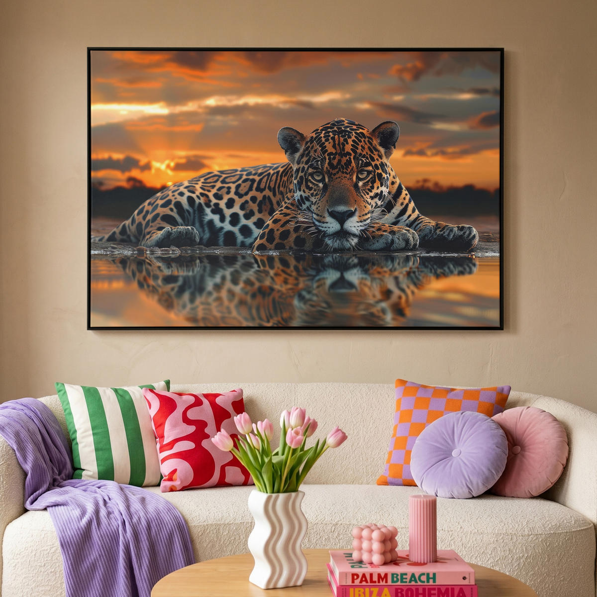 LEINWAND Bilder mit Rahmen - Natur - Leopard - Tier - Sonnenuntergang - Modern - 120x80 - Orange, Textil (120/80cm) - MuchoWow
