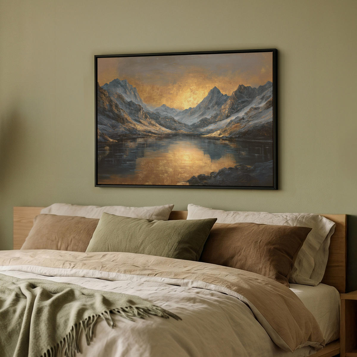 LEINWAND Bilder mit Rahmen - Bergkulisse mit goldenem Sonnenuntergang - 70x50 - Goldfarben, Textil (70/50cm) - MuchoWow