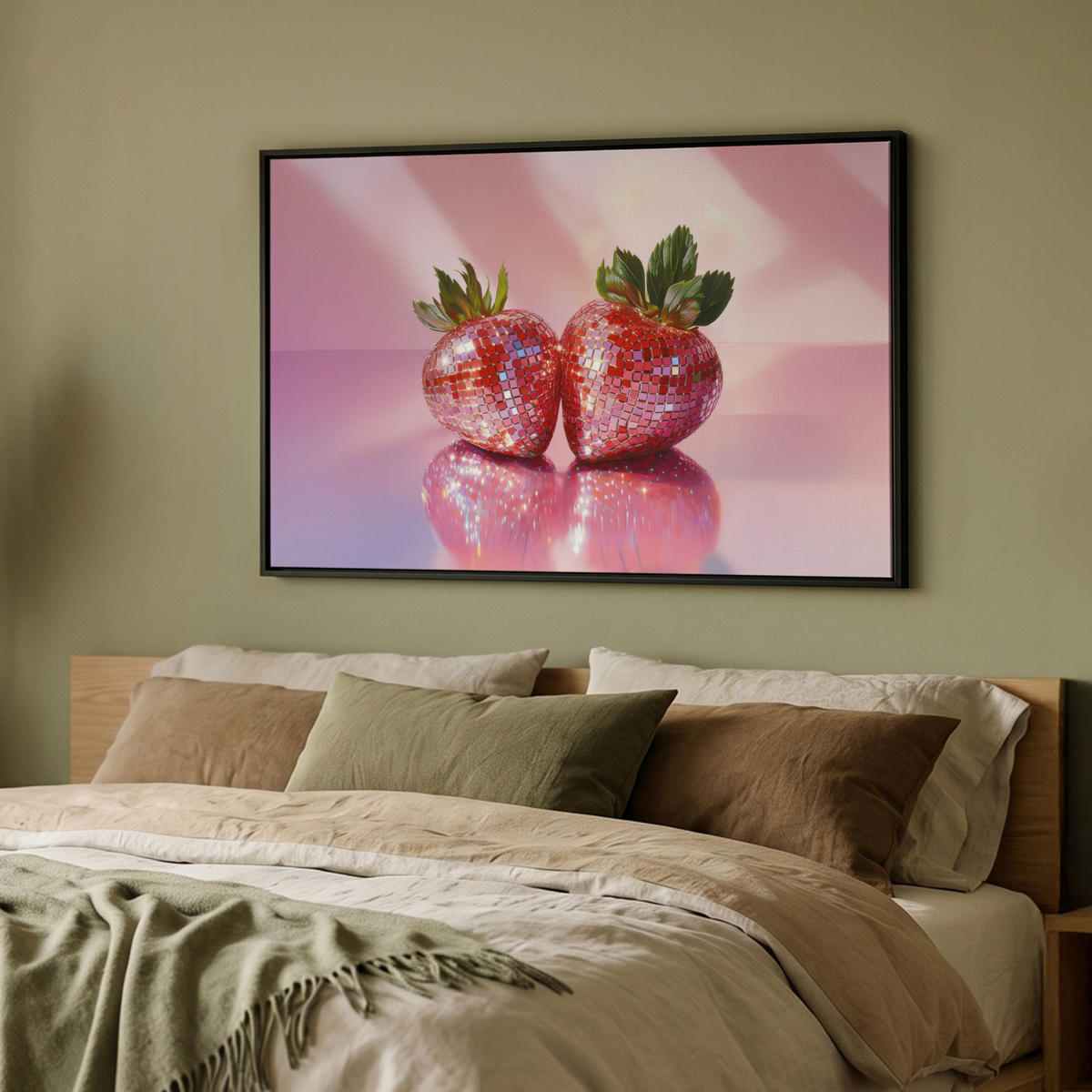 LEINWAND Bilder mit Rahmen - Disco - Obst - Glitzer - Erdbeere - 90x60 - Pink, Textil (90/60cm) - MuchoWow