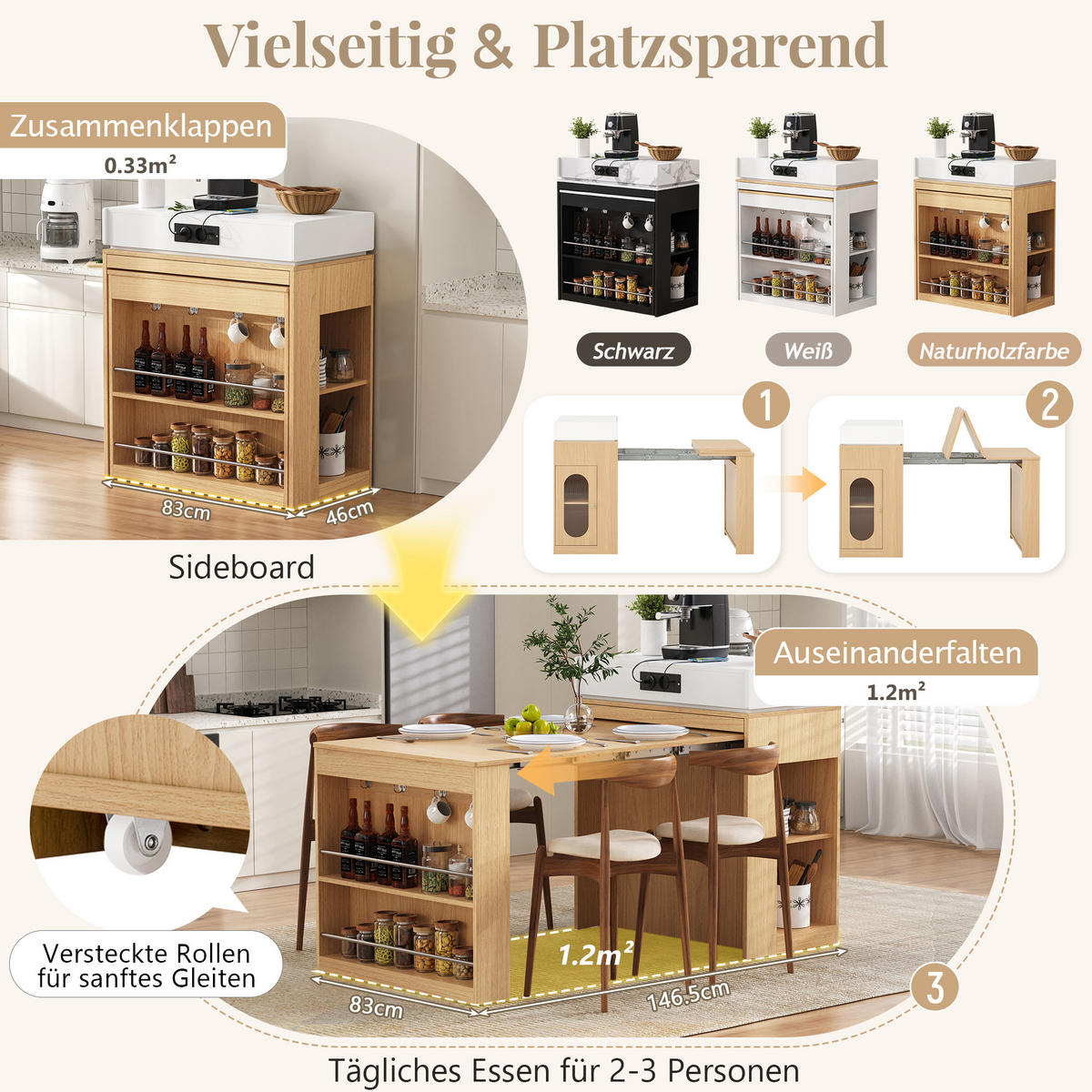 KÜCHENINSEL auf Rollen mit Klapptisch, Steckdosen und Haken, Natur - Naturfarben, Holz (83/96/46cm)