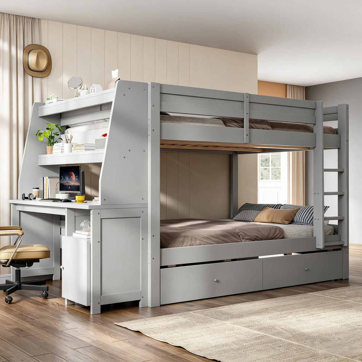 ETAGENBETT 140/200 cm mit Schrank und Schreibtisch, DE-41578, in Grau - Grau, Holzwerkstoff (140/200cm) - ComfortXL
