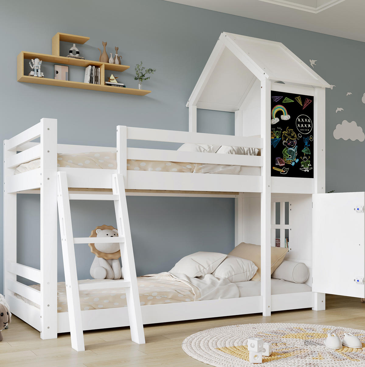 ETAGENBETT 90/200 cm Weiß mit Tafel und Dach für Kinder - Weiß, Holzwerkstoff (90/200cm) - OKWISH