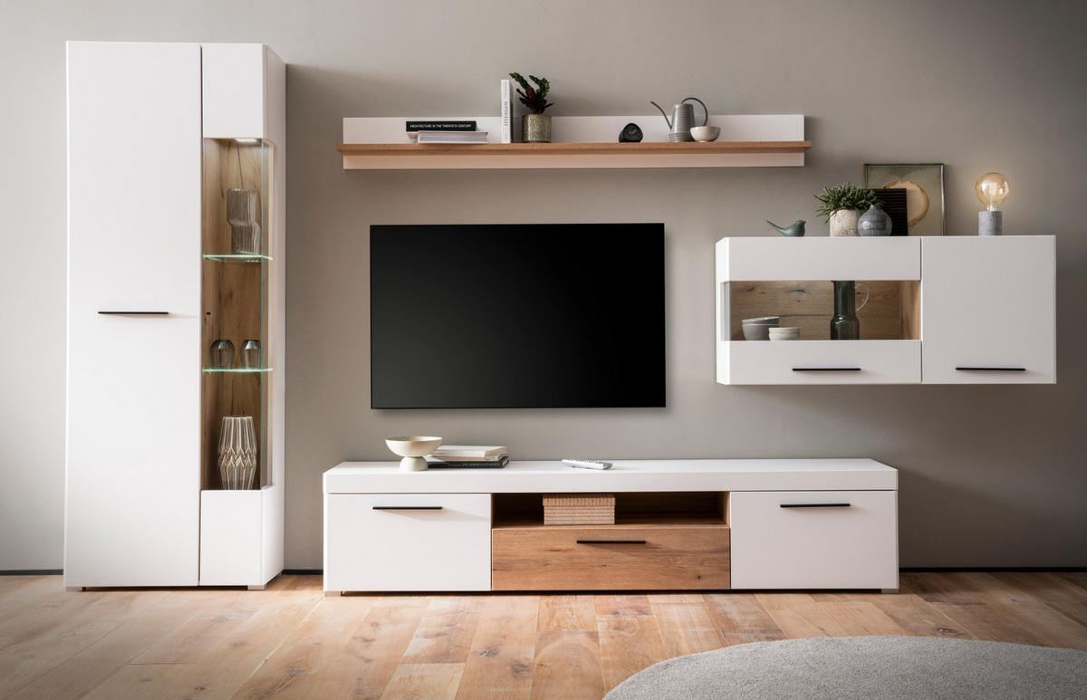 WOHNWAND weiß matt, Evoke Eiche, Wohnkombination 4-teilig, Soft-Close-Funktion - Eichefarben/Silberfarben, Glas/Holzwerkstoff (327/200/45cm)