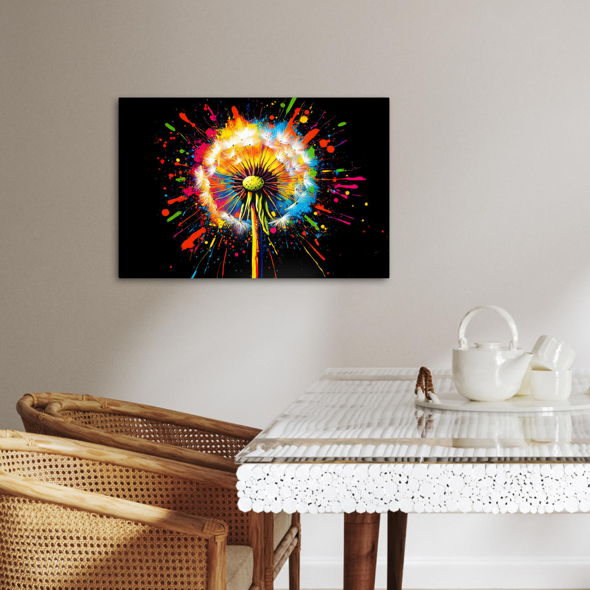 LEINWANDBILD Löwenzahn - Graffiti - Farbenfroh - Blumen - Natur Gemälde 60x40 cm - Multicolor, Textil (60/40cm) - MuchoWow