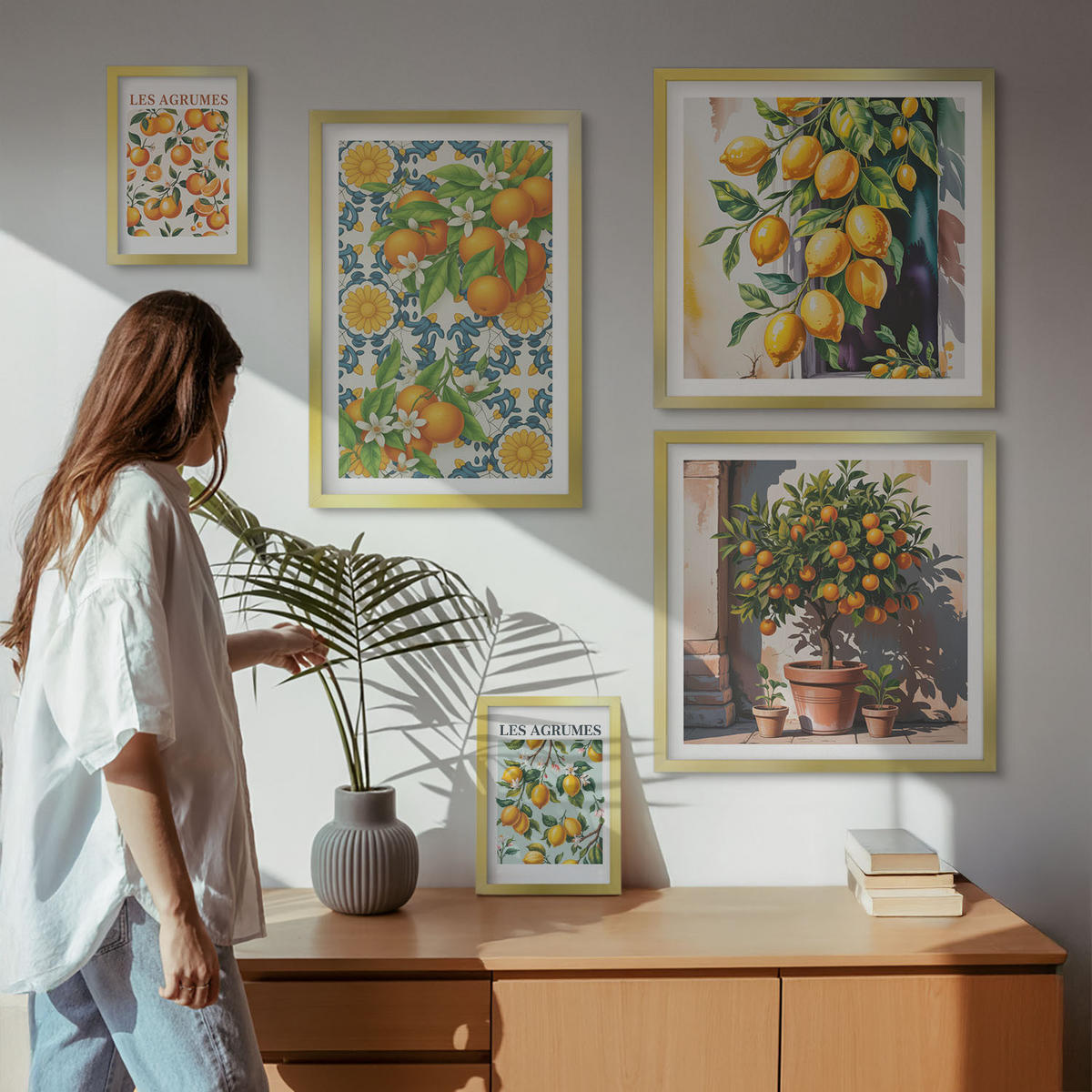 BILDER SET 5er Set - 50x50 cm & 20x30 cm & 40x60 cm Goldrahmen - Retro gelbe Zitrusfrüchte - Goldfarben, Kunststoff (40/60cm) - TULUP