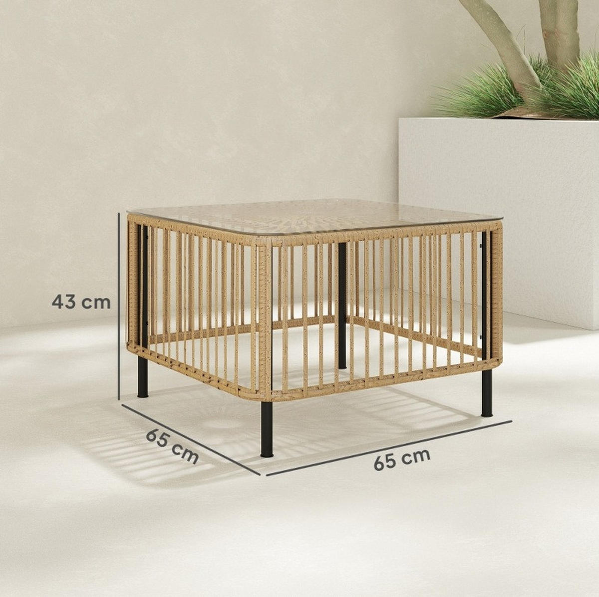 GARTENTISCH aus Rattan 65x65x43 cm Naturfarbe mit Glasplatte - Naturfarben, Glas (65/65/43cm) - Modfu