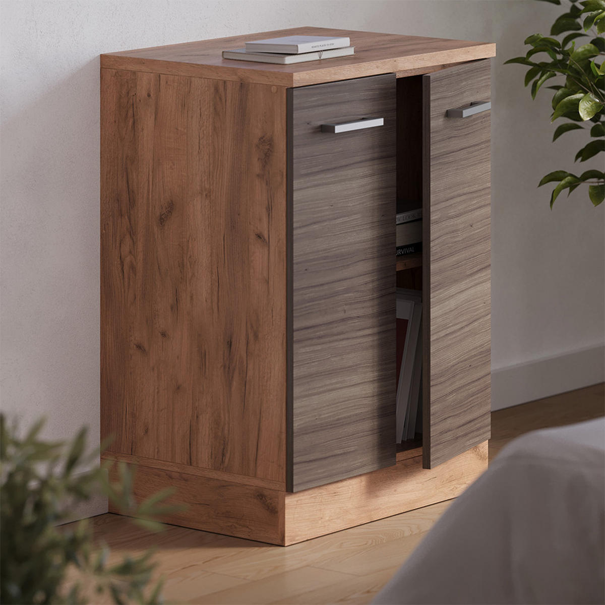 KUHINJSKA OMARA ZA POŠEVNE STREHE R-Line, Žlahtna siva, 60 cm brez naklona z 2 vrati - siva/medeni hrast, leseni material (60/83.8/46cm) - Vicco