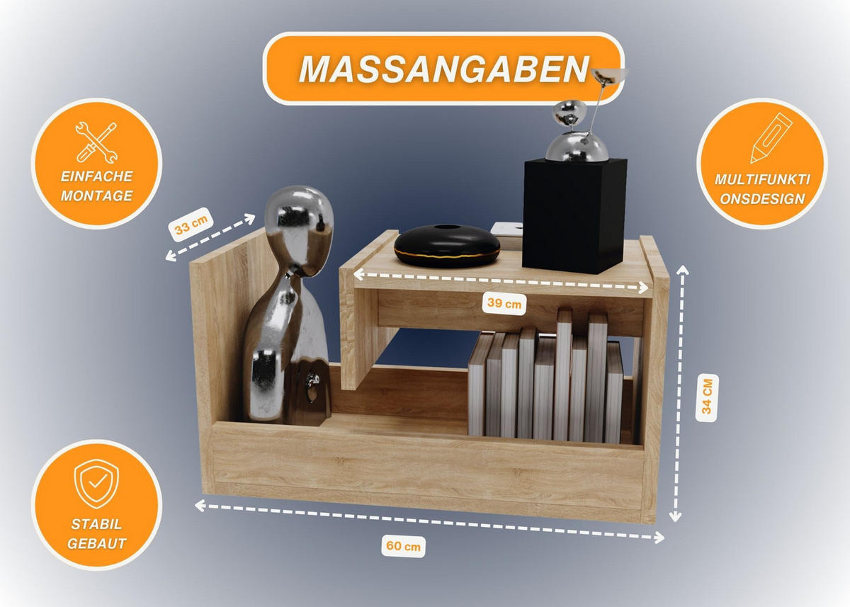 WOHNZIMMERTISCH für Couch 3 mögliche Aufstellmöglichkeiten Sonoma Eiche 33/60/34cm - Sonoma Eiche, Holzwerkstoff (33/60/34cm) - CraftPAK