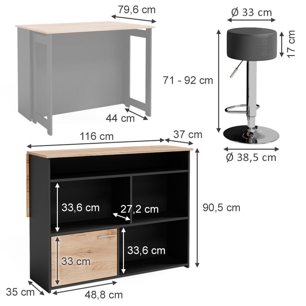 BARTISCH-SET Dominic Goldkraft Eiche/Anthrazit 116 x 37 cm mit 2 Barhockern - Honigeiche/Anthrazit, Holzwerkstoff (116/90.5/37cm) - Vicco