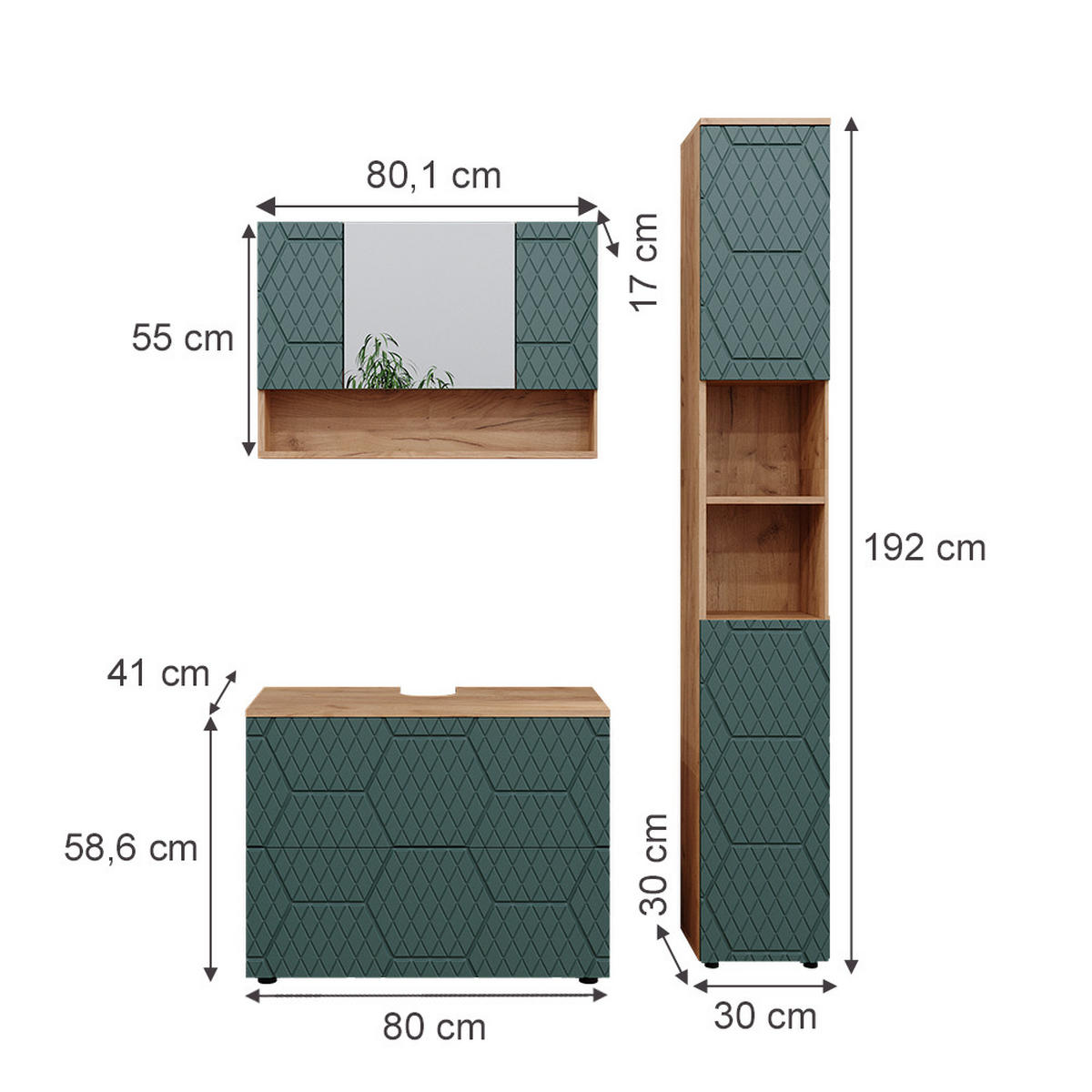 BADMÖBEL-SET Irma Grün 3 Teile, mit Spiegelschrank 80 cm - Eiche Wotan/Grün, Holzwerkstoff (80/58.6/41cm) - Vicco