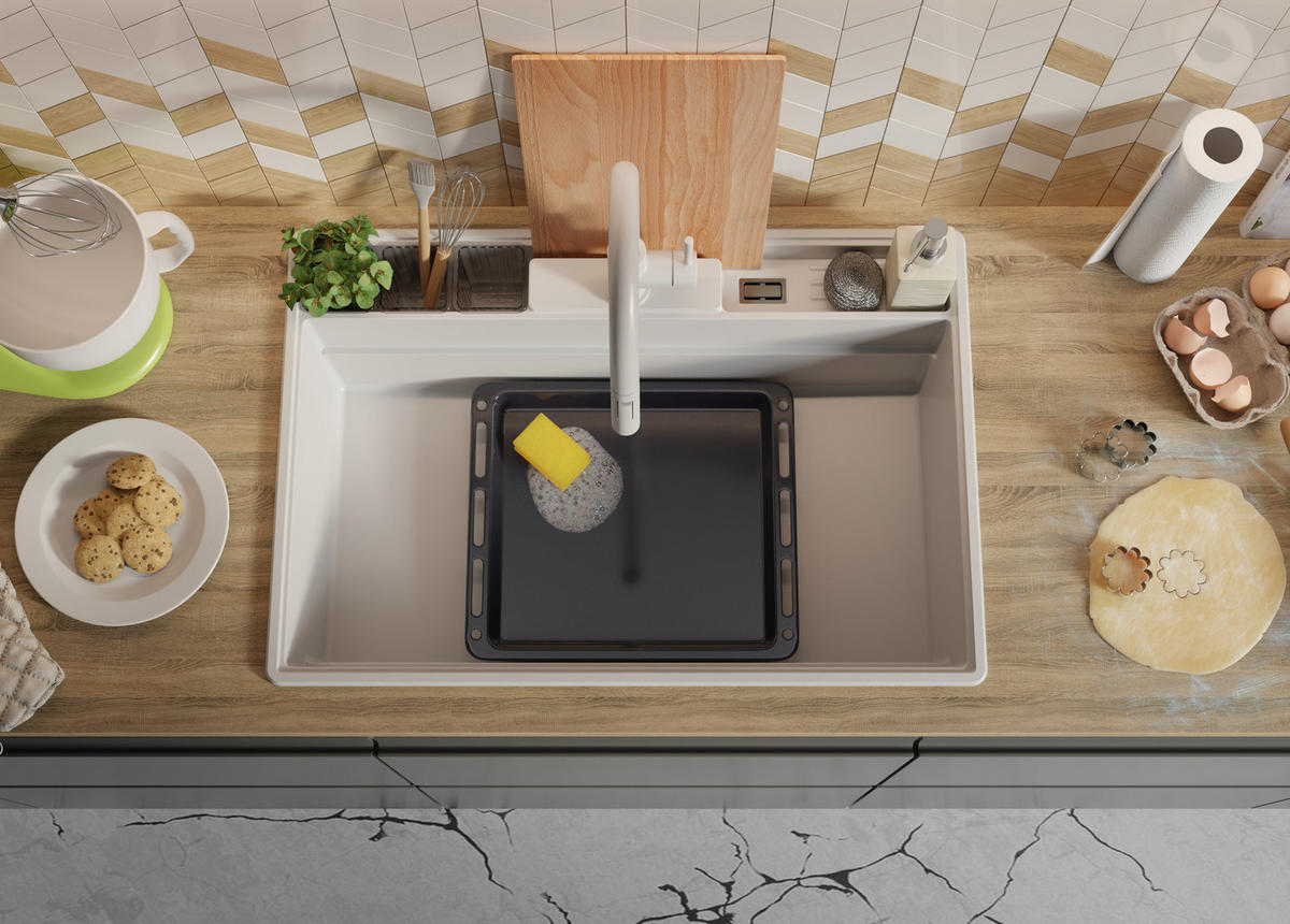 SPÜLBECKEN New York, 2-er set Weiß 78/53 cm 1 Becken + Ablauf-Set + Küchenzubehörset ab 80er Unterschrank - Chromfarben/Beige, Kunststoff (78/20/53cm) - Primagran