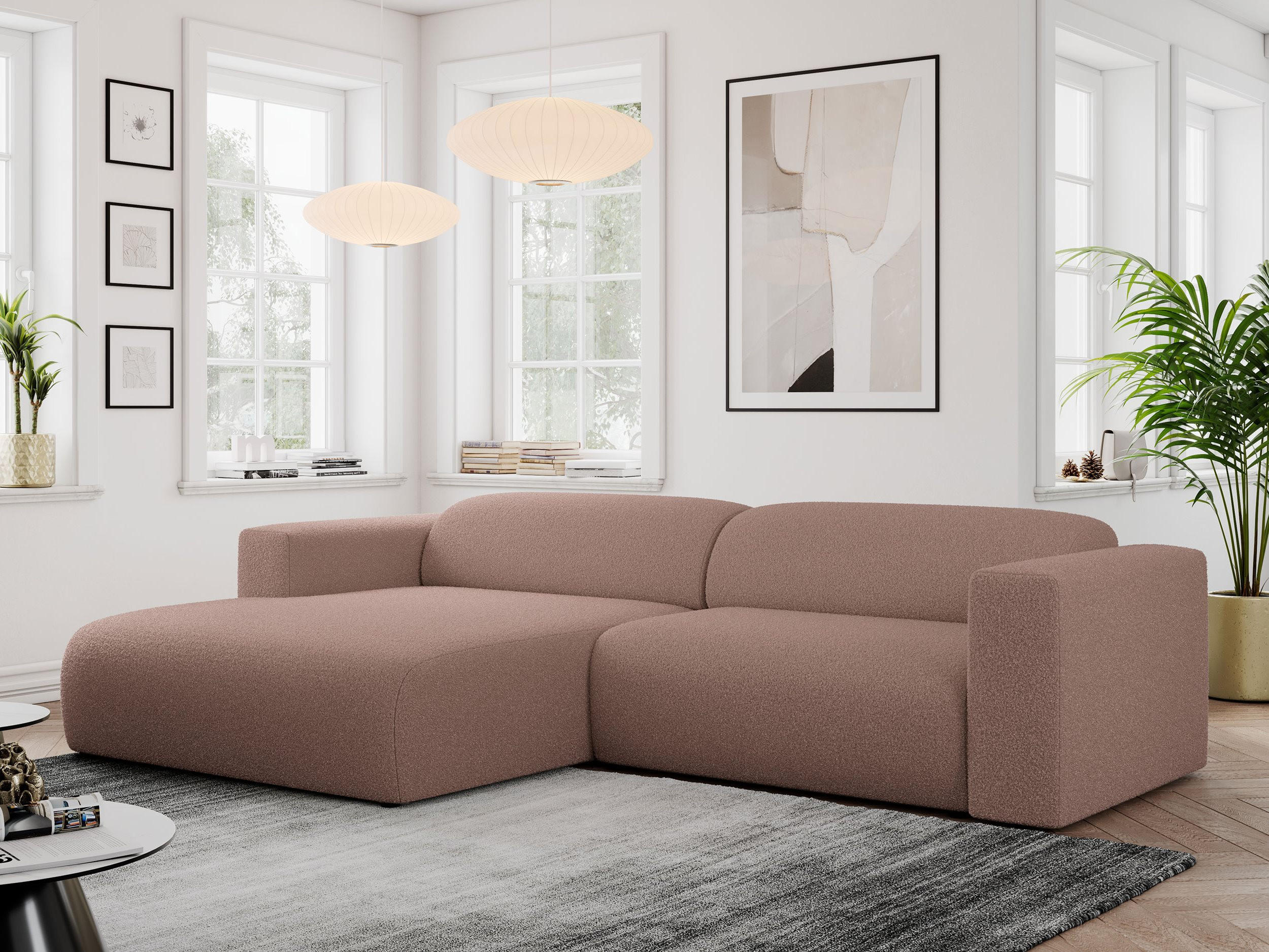 ECKSOFA PASADENA Rosa Bouclé - Links Seite - Schwarz/Rosa, Kunststoff/Textil (288/180cm) - MKS
